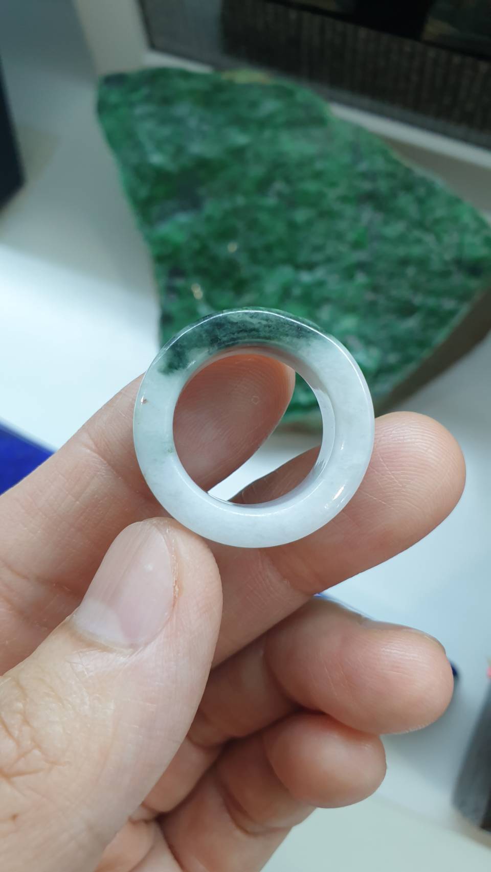 White Jade Ring 8.5US Natural Green Moss Fei Cui Type A Myanmar Jadeite