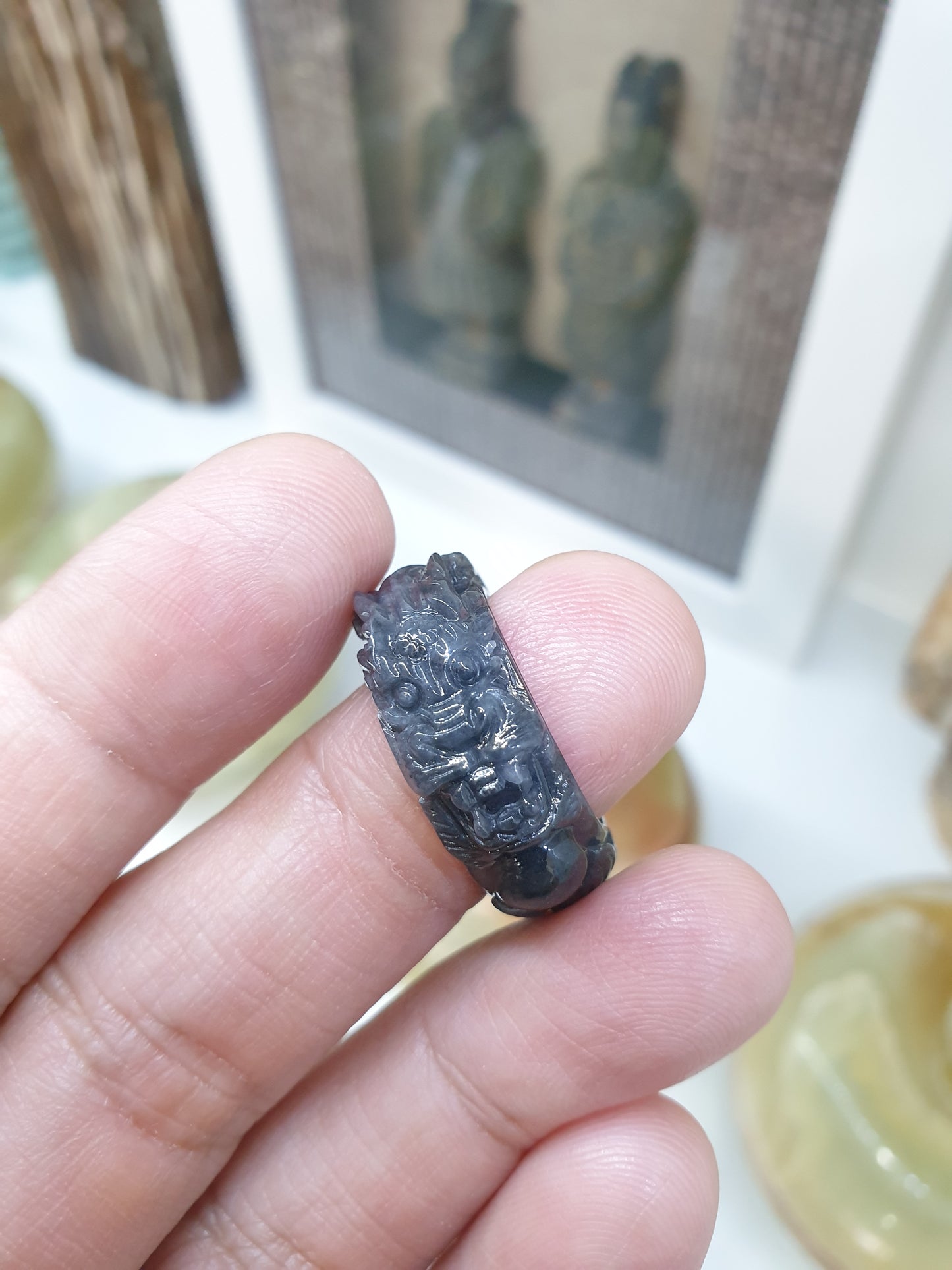 Type A Natural Black Jadeite Carved Dragon Ring - US Size 7.5