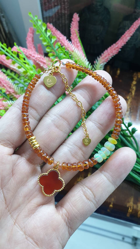 Honey Sapphire Extension Bracelet with 4-Leaf Clover Charm | 24K, 18K & 9K Gold | Natural Semiprecious Stones