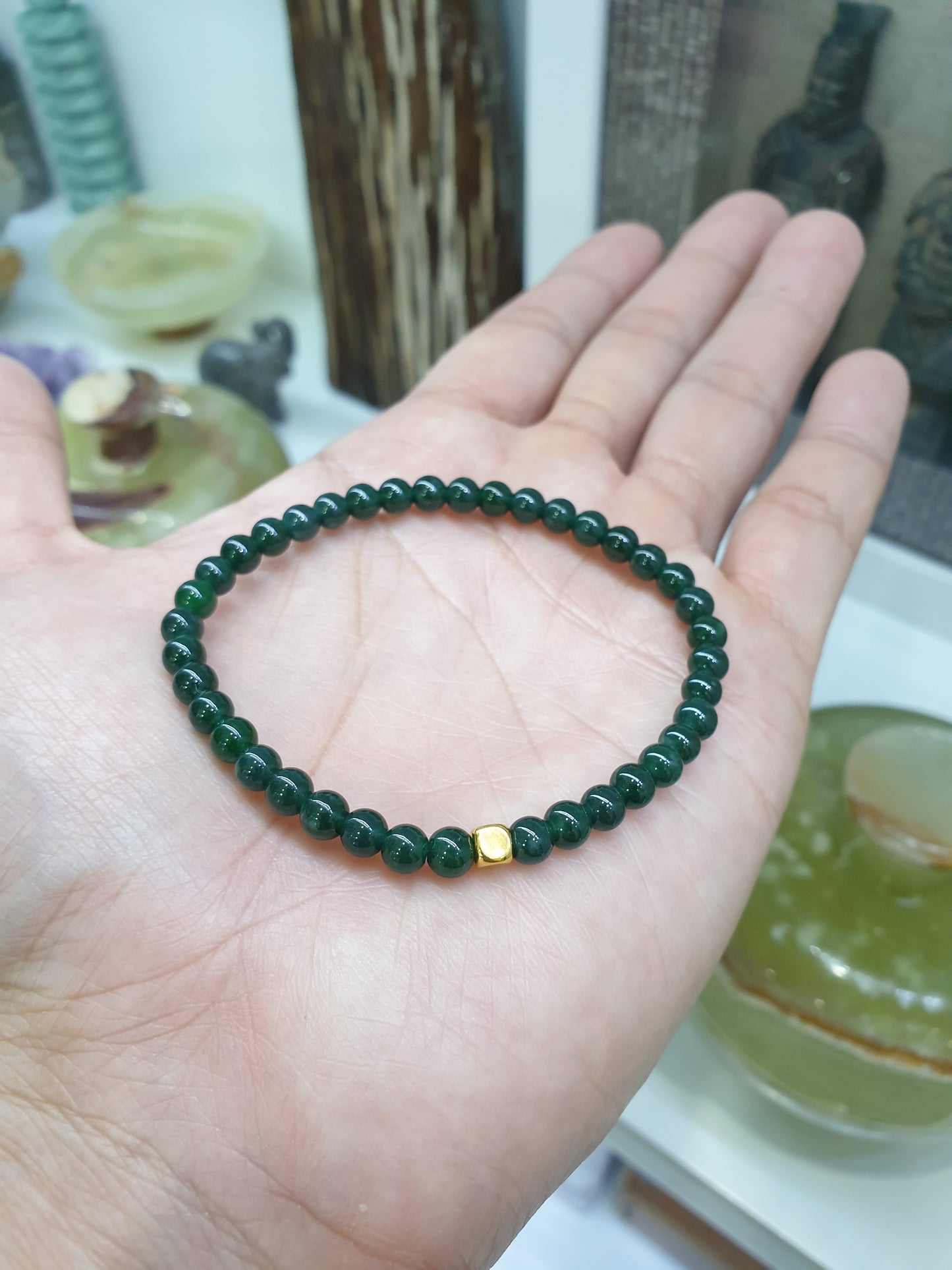 Mininalist Jade Bracelet | 24K Gold Cube | Type A Natural Greenish Blue Jadeite Beads