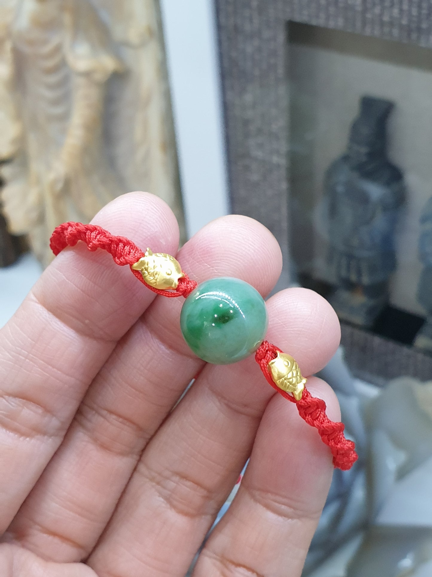 24K Pure Gold Koi Fish Red Thread Bracelet with Natural Jadeite