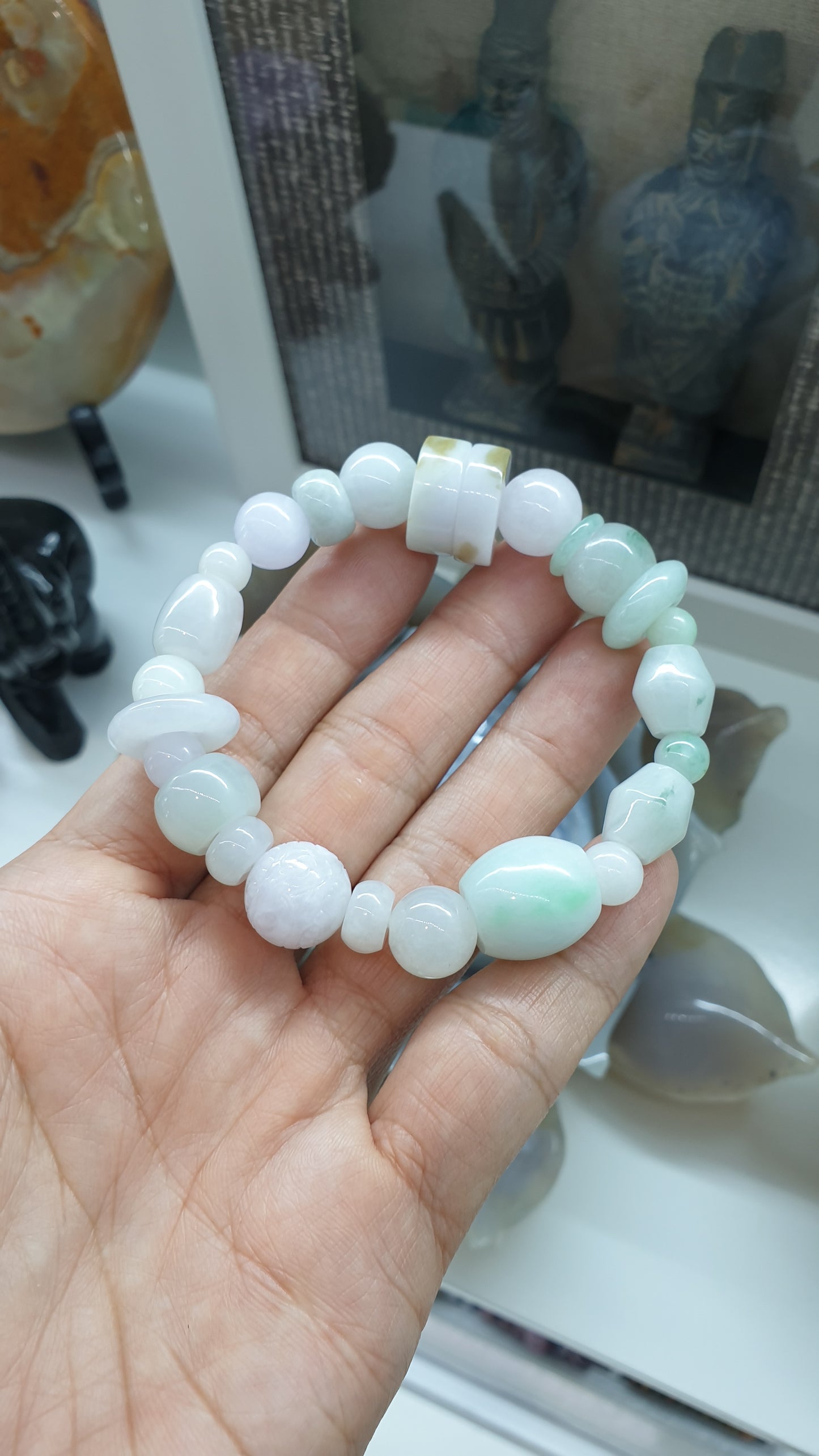Natural White Jade 17cm Bracelet - Type A Myanmar Jadeite Mixed Beads