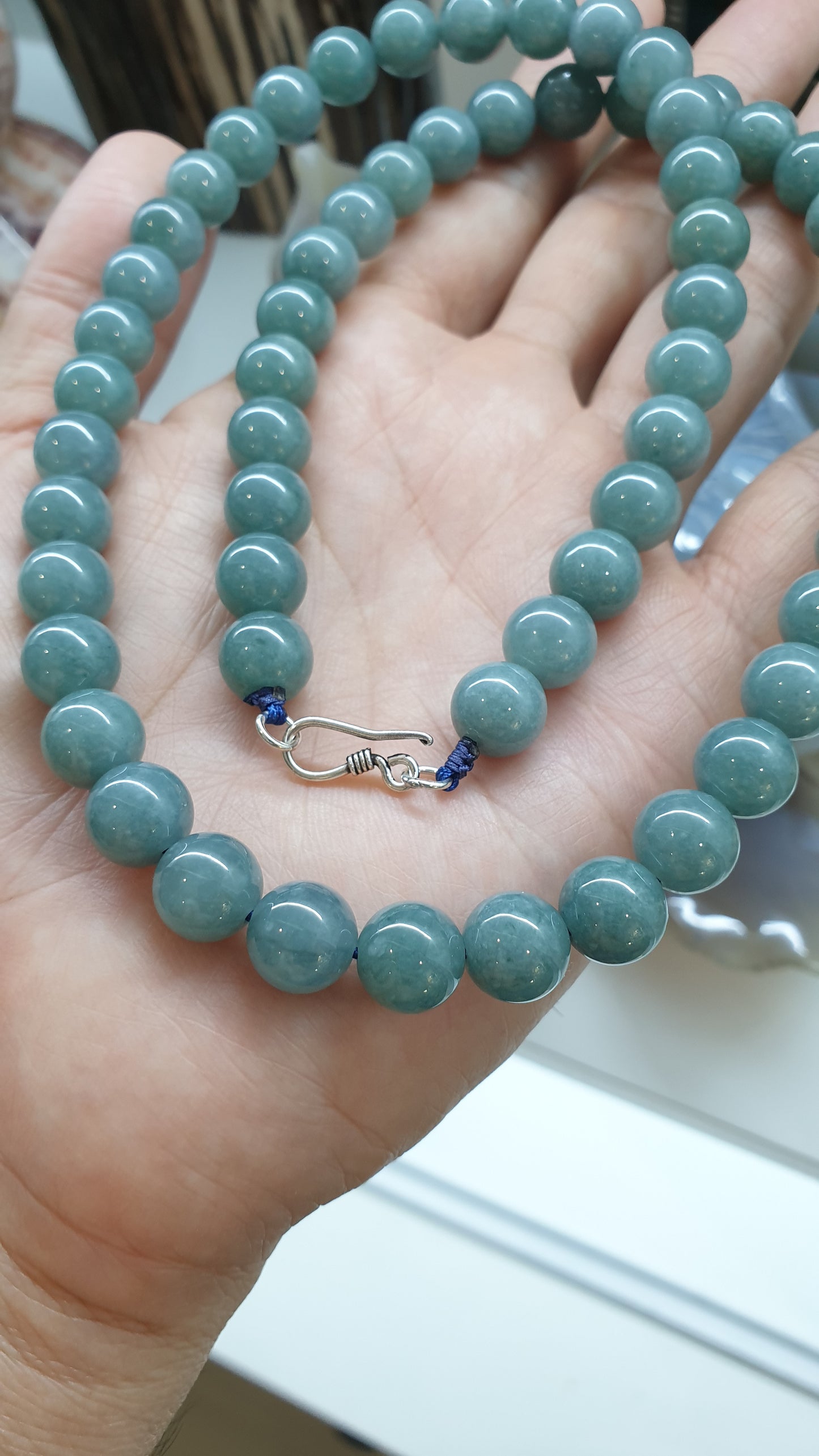 Blue Jade Beaded Necklace 22Inch Type A Jadeite Guatemala Origin