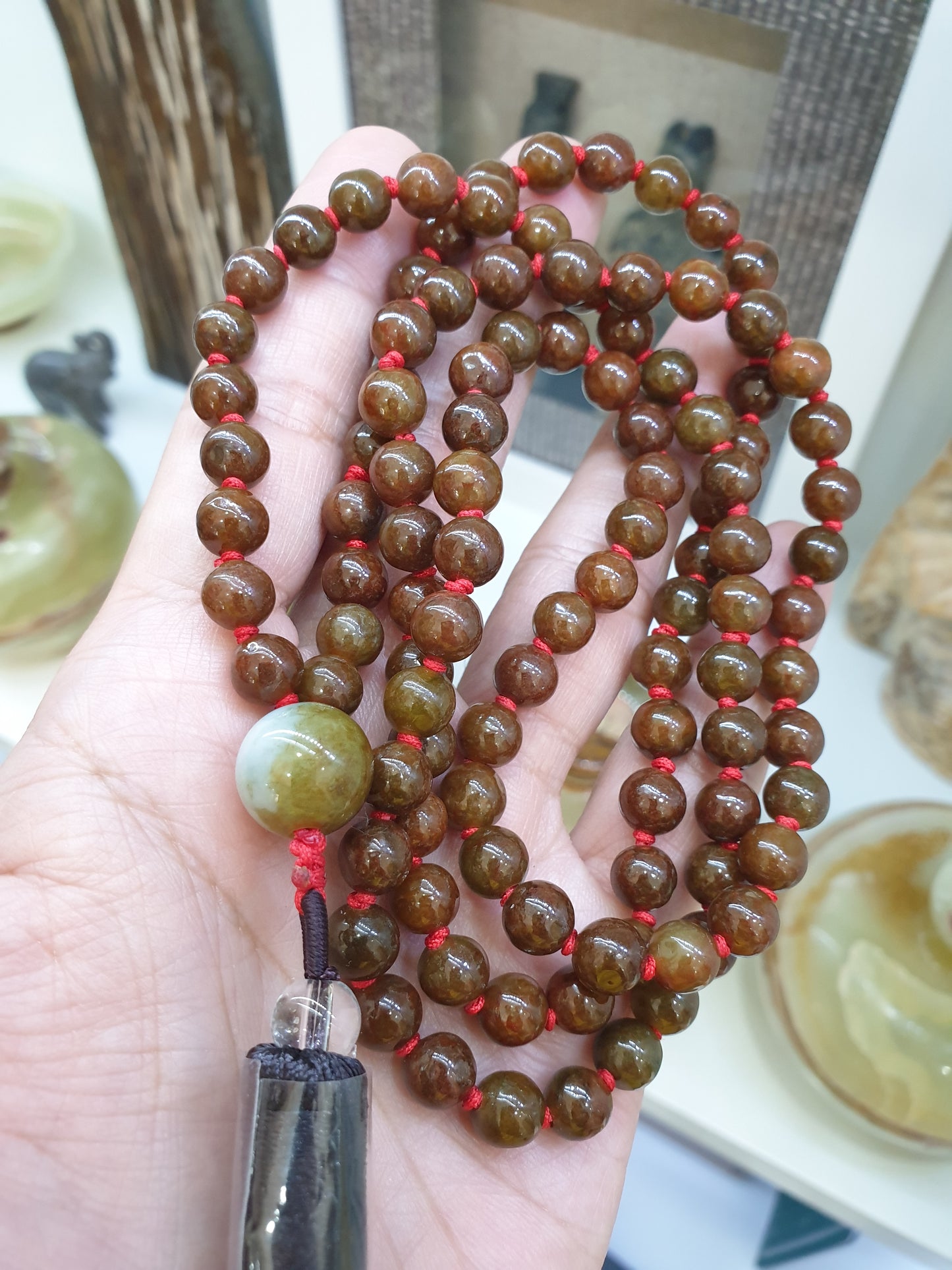 108 Beads Brown Jade Japa Mala | Type A Natural Jadeite | Handcrafted Meditation Beads