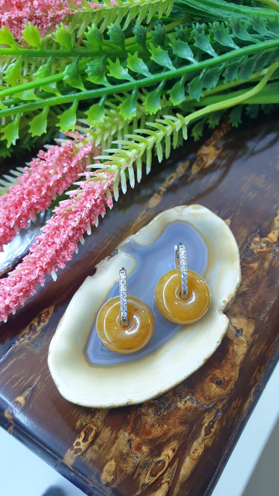 Honey Orange Jade Ping An Kou Sterling Silver Hoop Earrings Type A Natural Jadeite