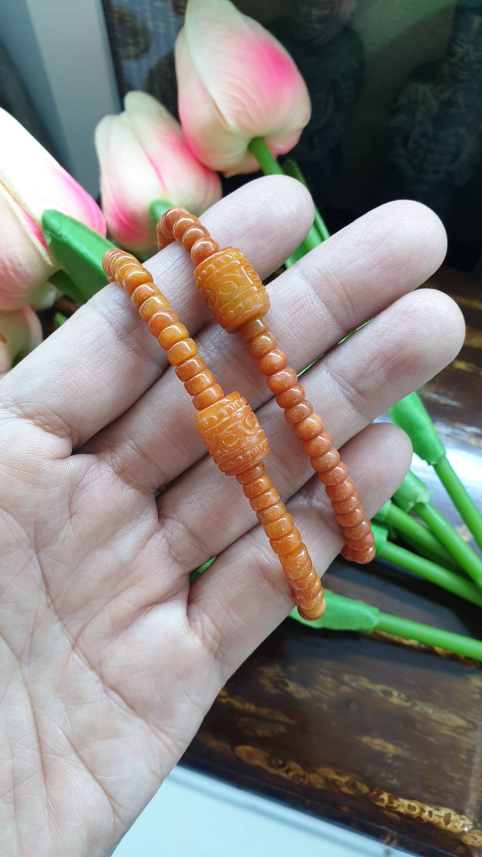 Orange Jade Ru Yi and Abacus Beads 17cm Bracelet Natural Jadeite