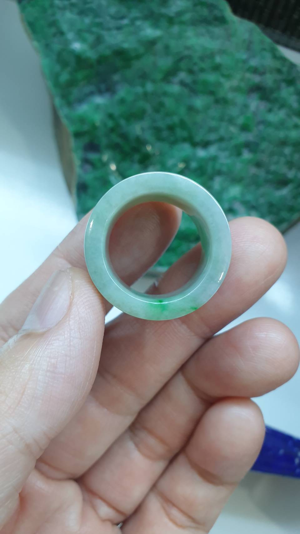 Green Jade Archers Ring 9US Elegant Gray Tone Type A Natural Myanmar Jadeite