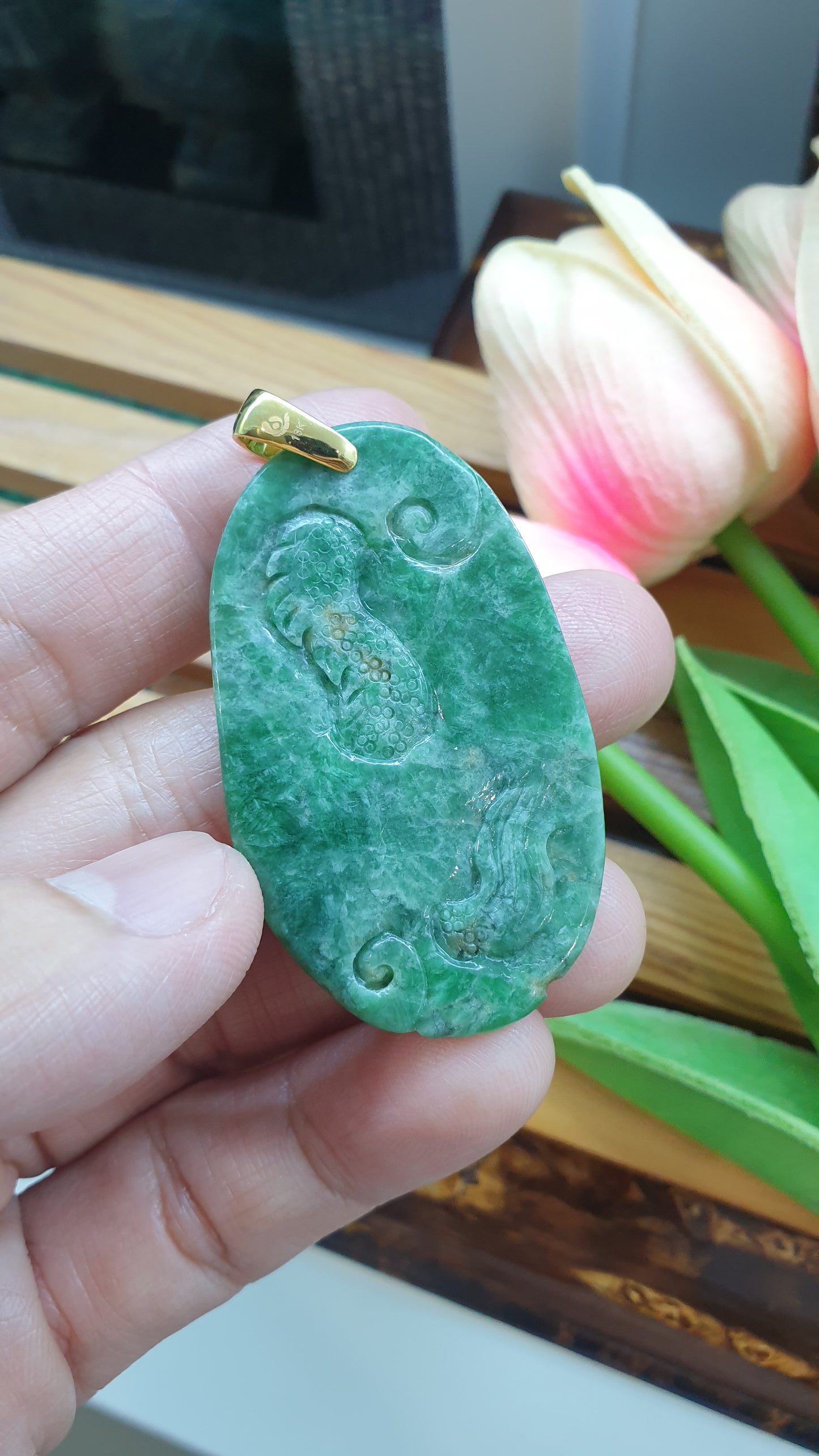 18K Gold Jade Dragon Pendant Fei Cui Type A Natural Green Jadeite