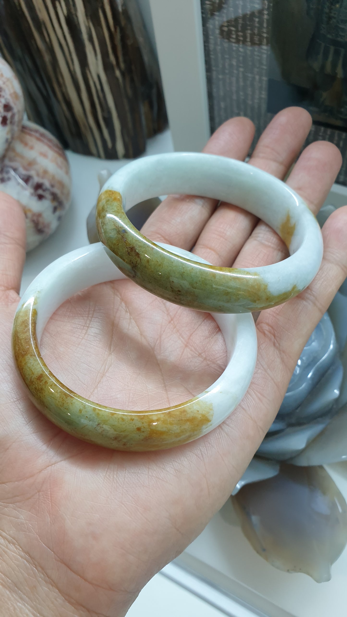 Honey Jade Bangles S57.5 S58 Myanmar Type A Jadeite Natural Two Tone