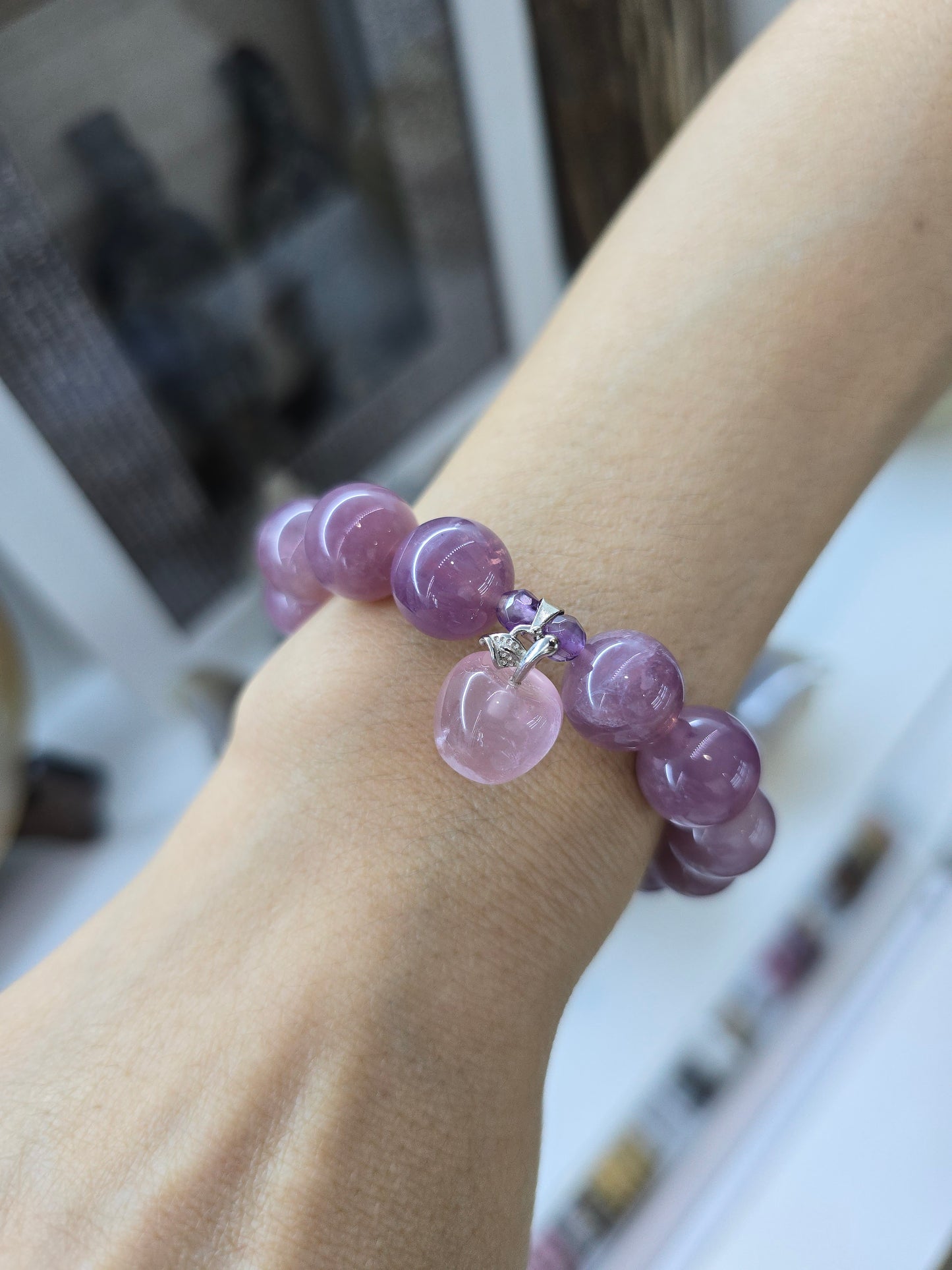 Rose Quartz Bracelet 17 cm - Natural Purple Beads and Cute Apple Charm