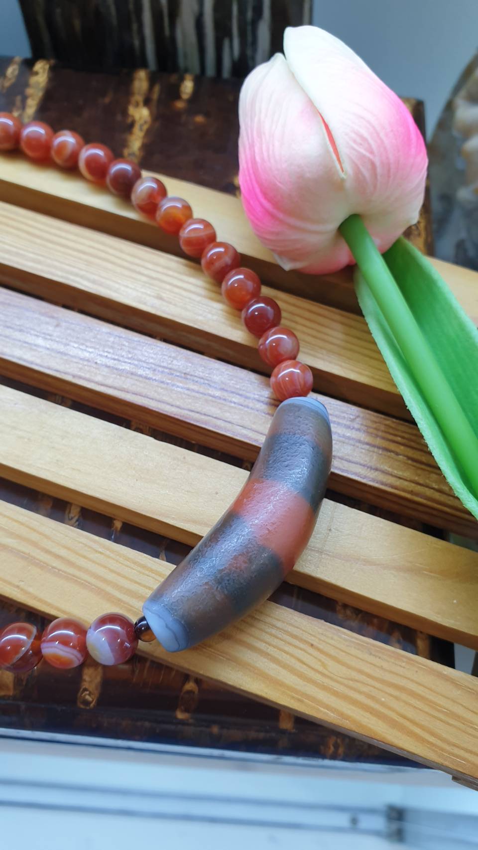 Sardonyx Dzi Necklace 18 inch Natural Red-Banded Gemstone Beads