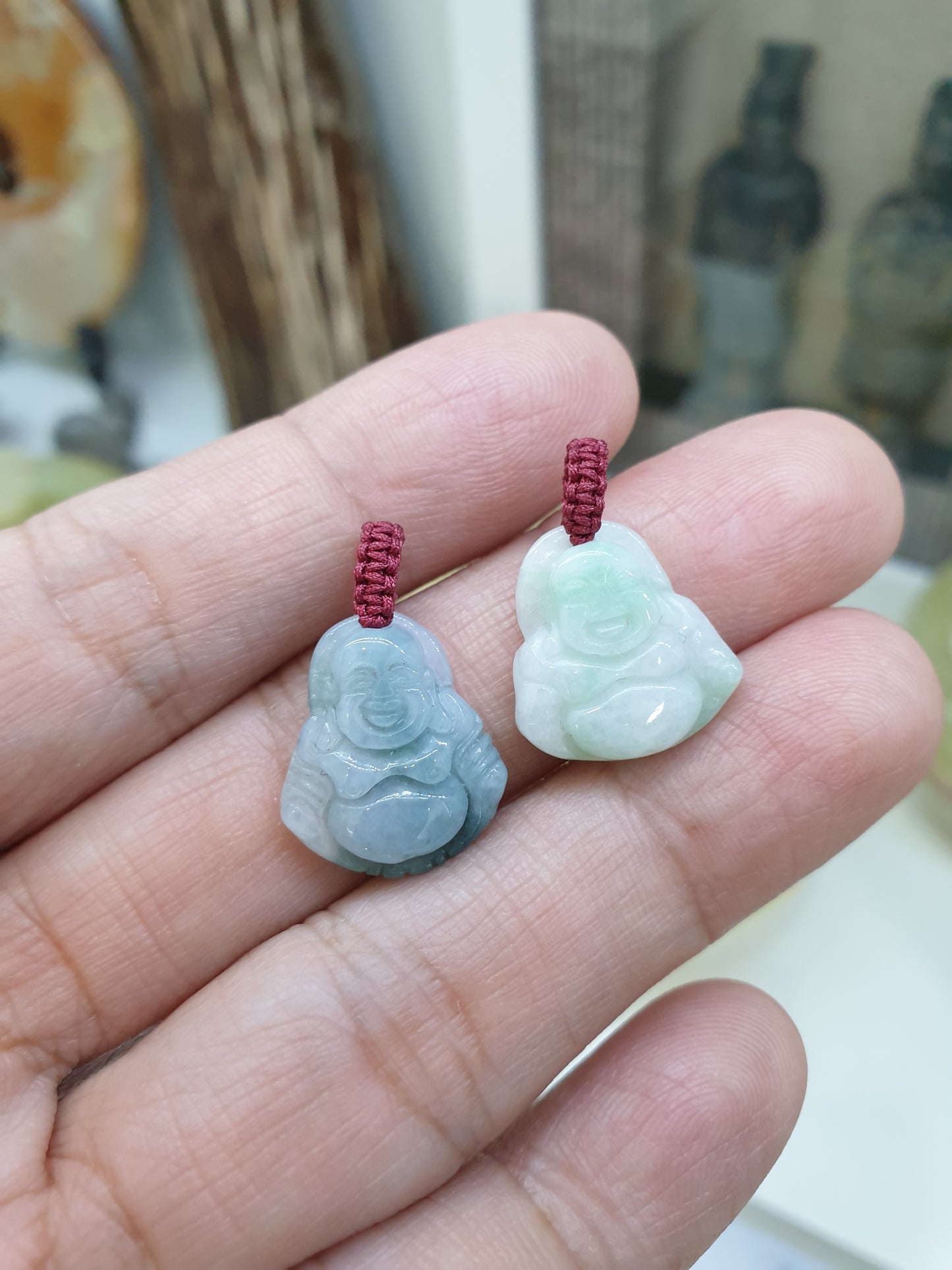 Jade Happy Buddha Pendant | Fei Cui - Type A Jadeite | Handwoven Thread Bail