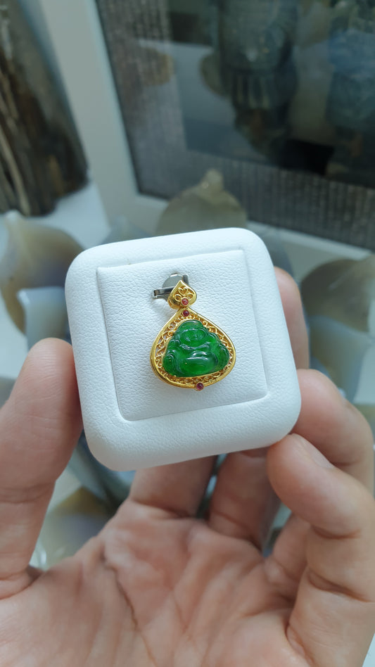 Imperial Jade Happy Buddha Bo Leaf Pendant Solid 18K Gold Natural Jadeite