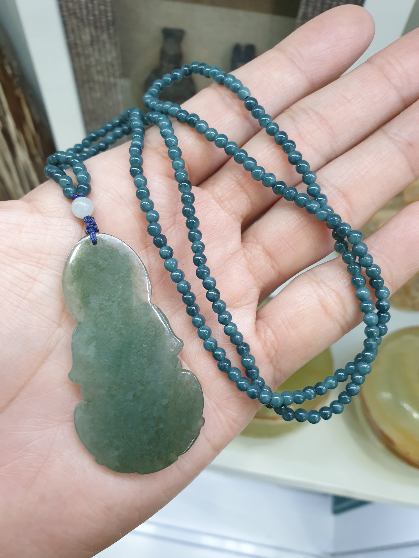 Jade Guan Yin on Blue Jade beaded Necklace (24") | Fei Cui Type A Jadeite | His or Hers Fortune Necklace
