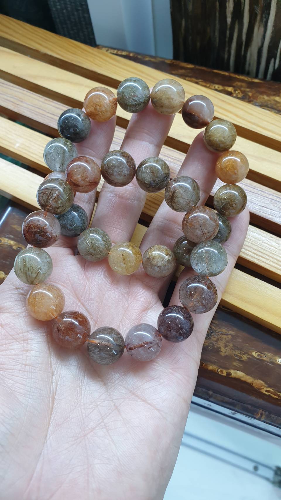 Rutilated Quartz Multicolor Bracelet 17 cm, Natural Gem Beads 13.5 mm