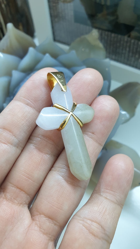 14K Gold White Jade Cross Pendant Solid Gold Type A Natural Two Tone Jadeite