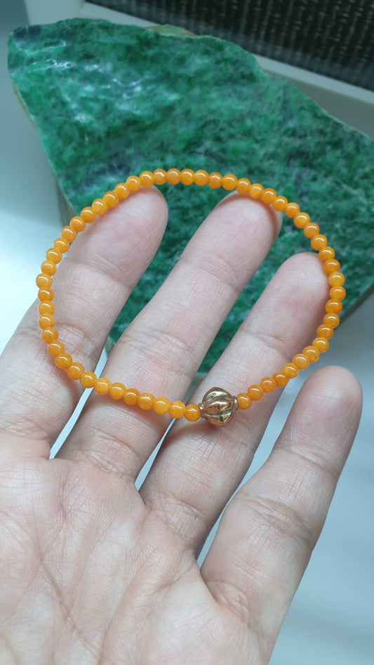9K RoseGold Pumpkin Bead Yellow Jade Bracelet 17cm Vintage Gold Type A Jadeite