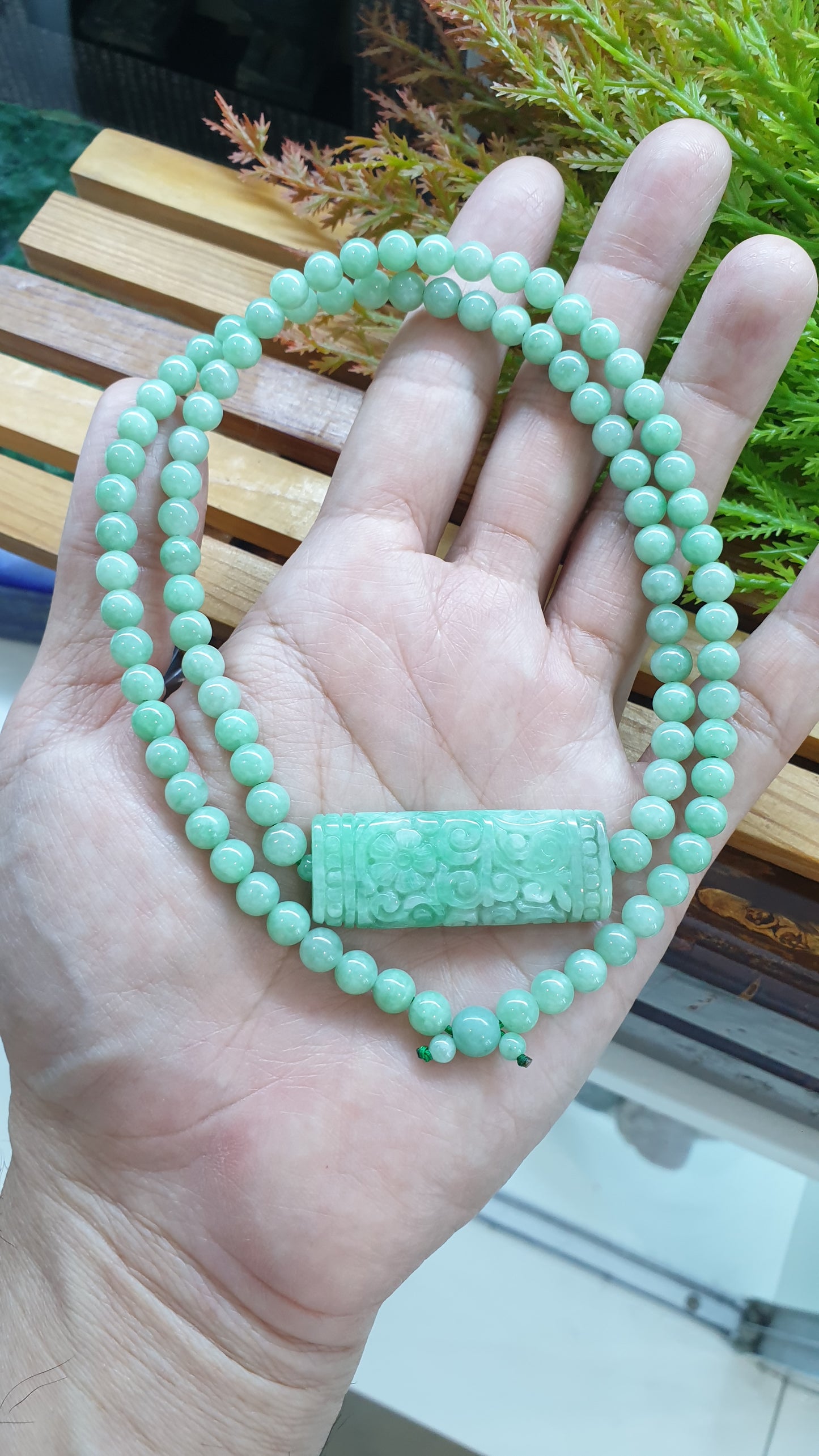 Jade Necklace 24inch with Floral Cylinder Type A Jadeite Natural Pastel Green