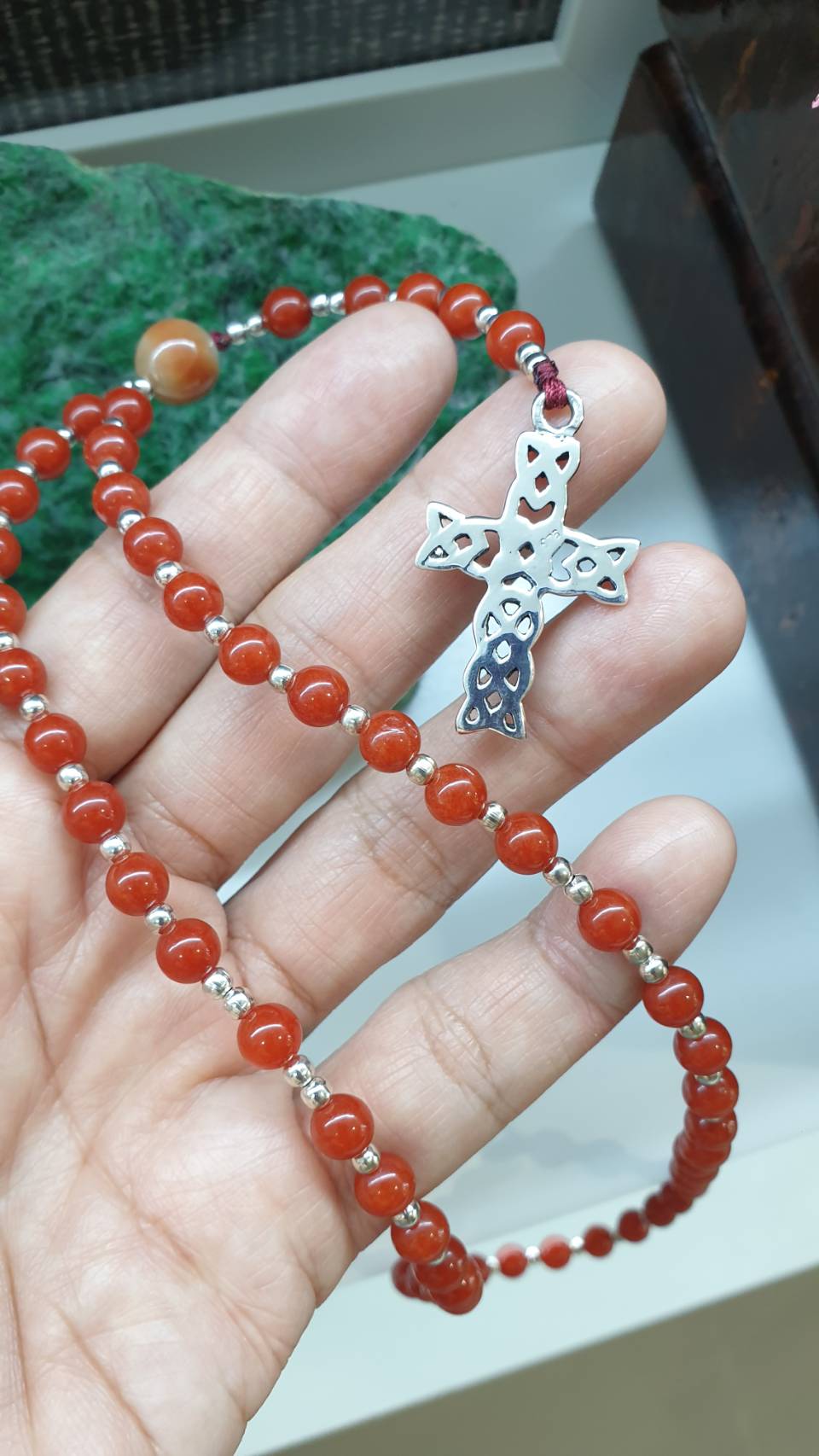 Red Jade Rosary 24.5in Natural Myanmar Jadeite Sterling Silver Cross
