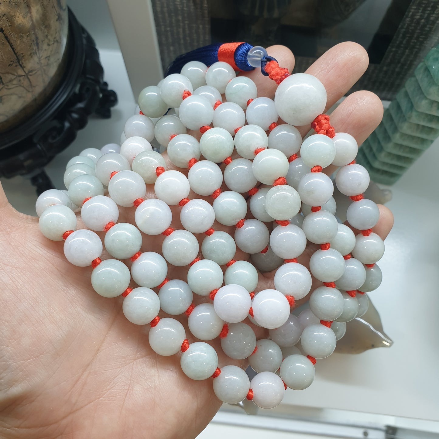 108 Beads White Jade Japa Mala | Type A Natural Jadeite | Handcrafted Meditation Beads