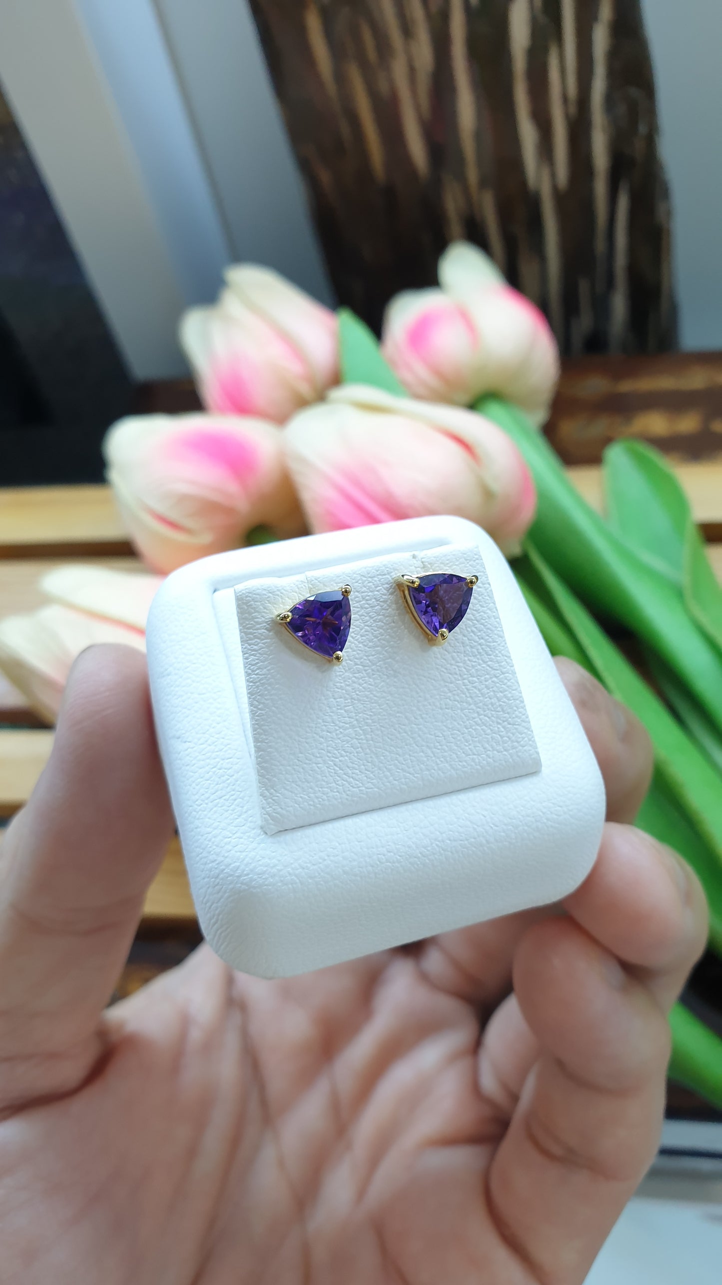14K Gold Amethyst Stud Earrings Natural Gemstones and Solid Gold
