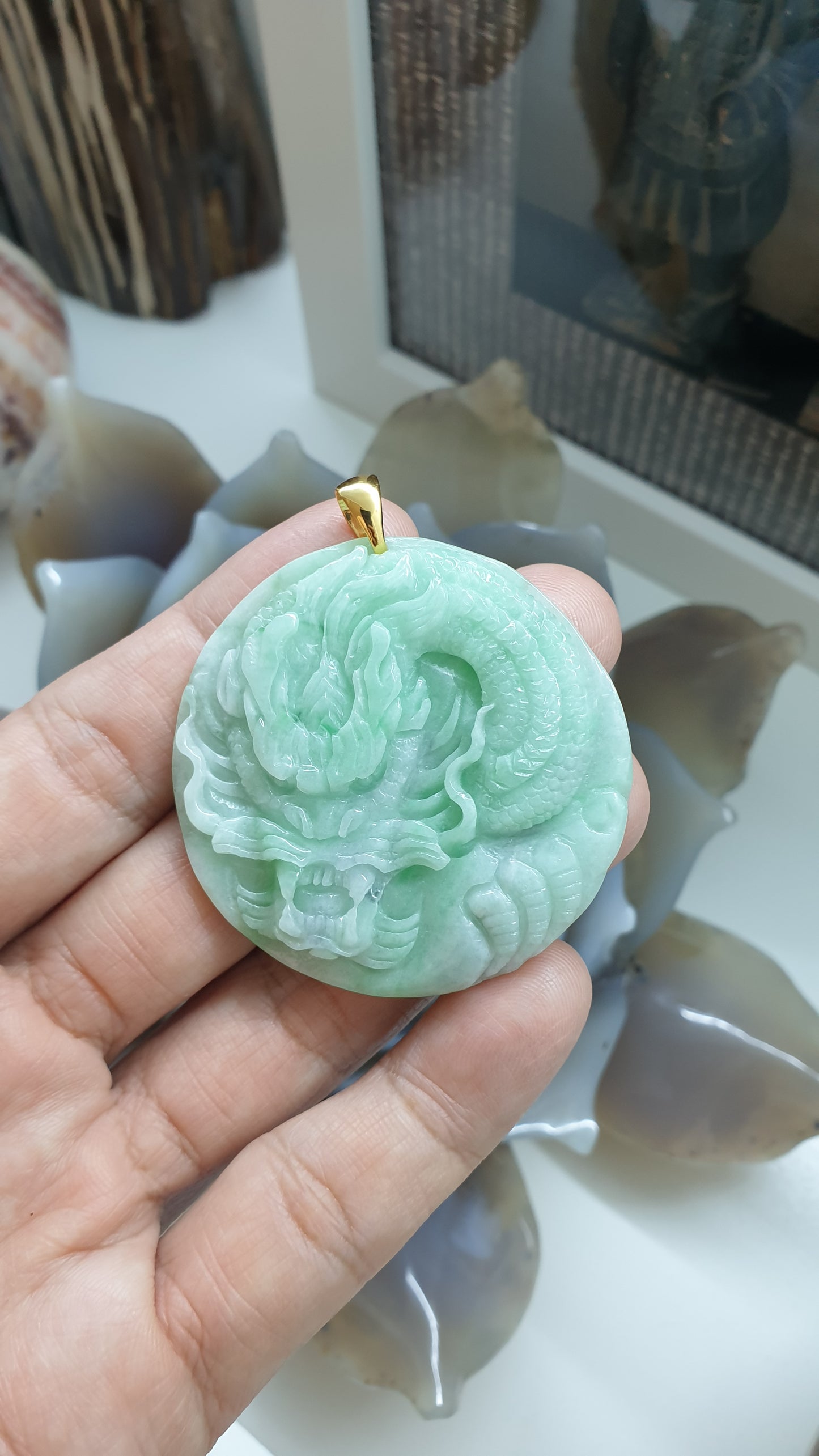 Lavender-Green Jade Dragon Pendant | Solid 9K Gold | Type A Natural Jadeite