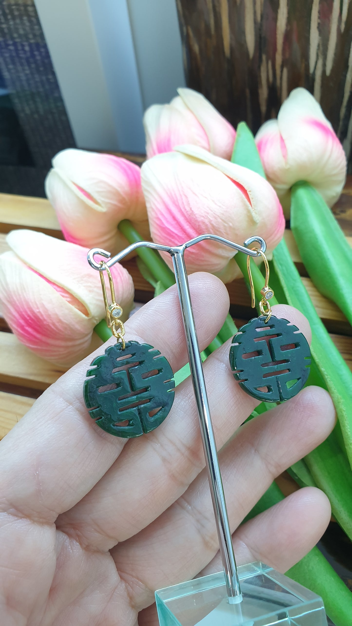 18K Gold Jade Double Happiness Hook Earrings Fei Cui Natural Jadeite