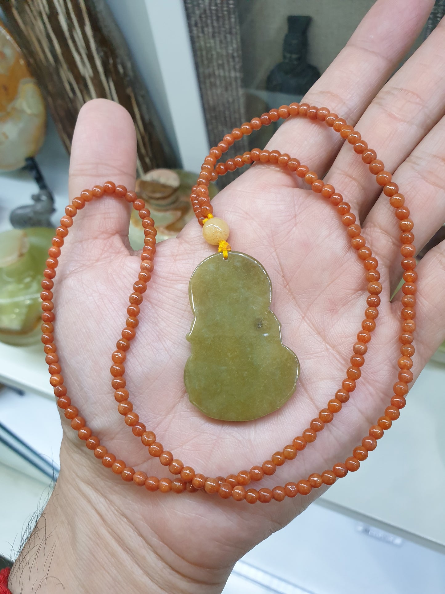 Jade Guan Yin on Red Jade beaded Necklace (24") | Fei Cui Type A Jadeite | His or Hers Fortune Necklace
