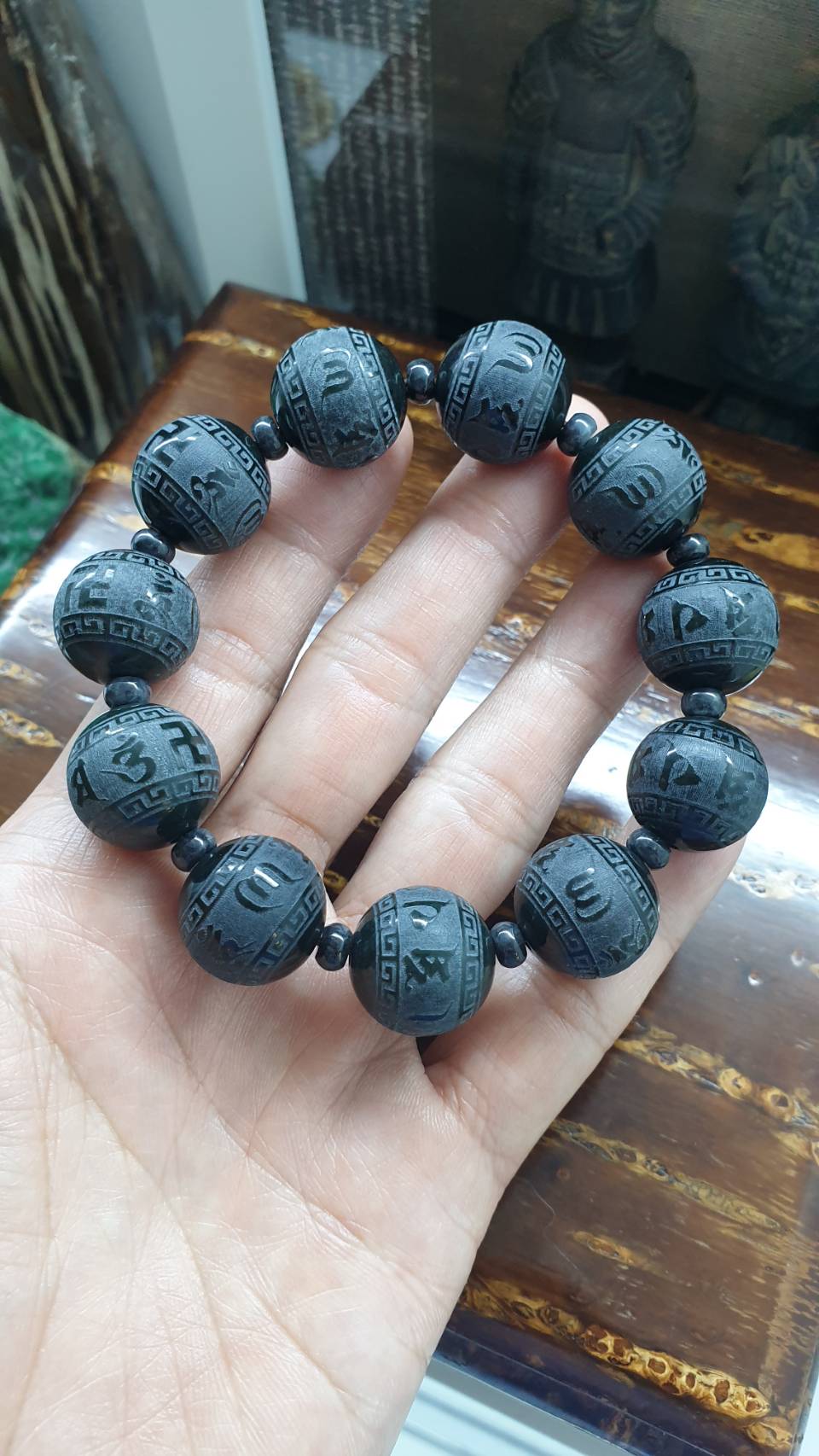 Mani Mantra Black Jade 18.5cm Bracelet - Type A Natural Jadeite