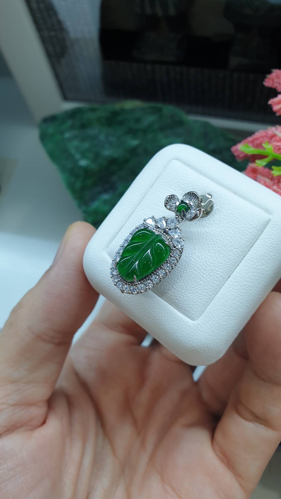 Jade Leaf Sterling Silver Locket Pendant Type A Natural Imperial Green Jadeite