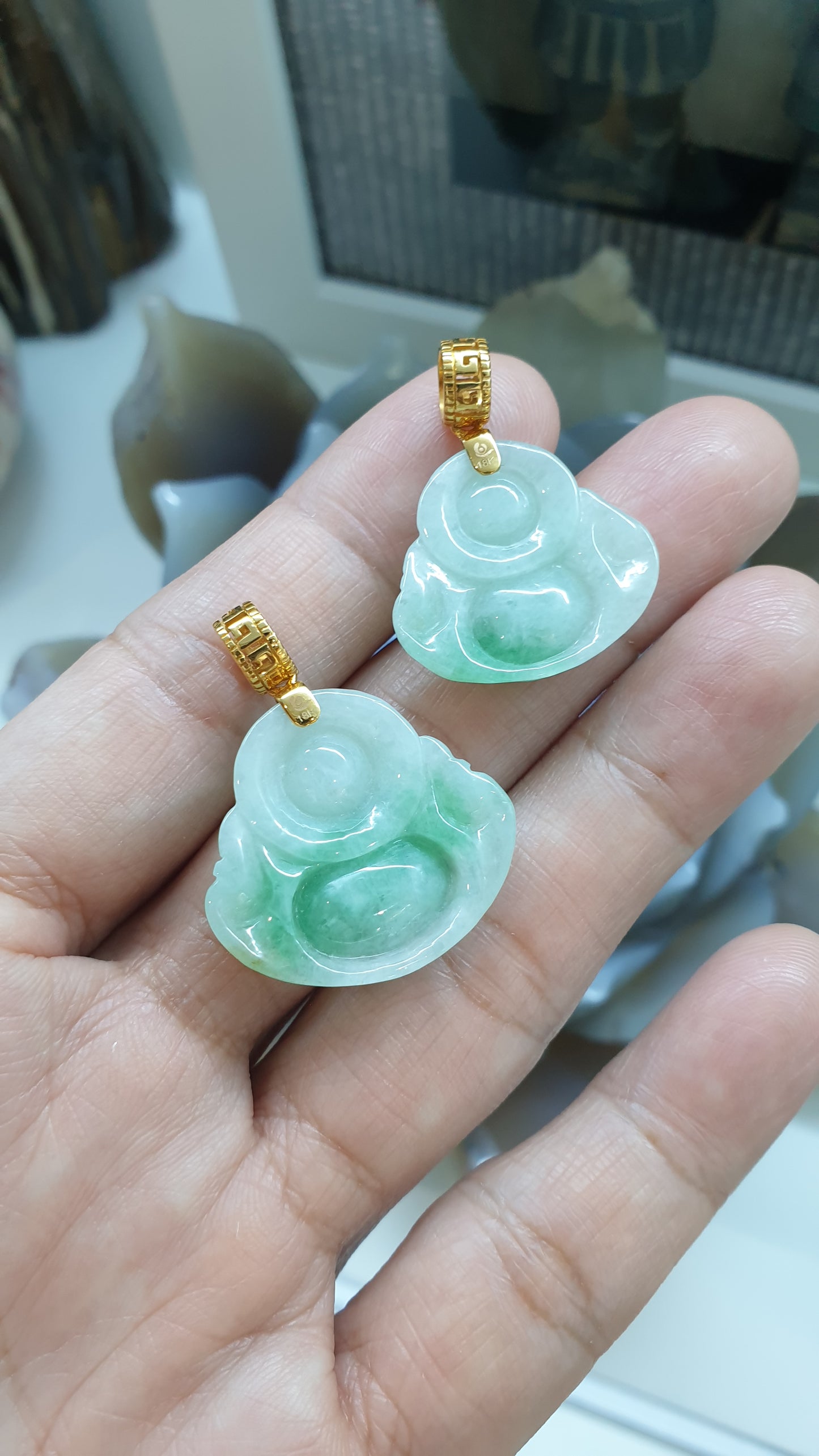 Moss in Snow Jade Happy Buddha Pendant 18K Gold Type A Natural Jadeite