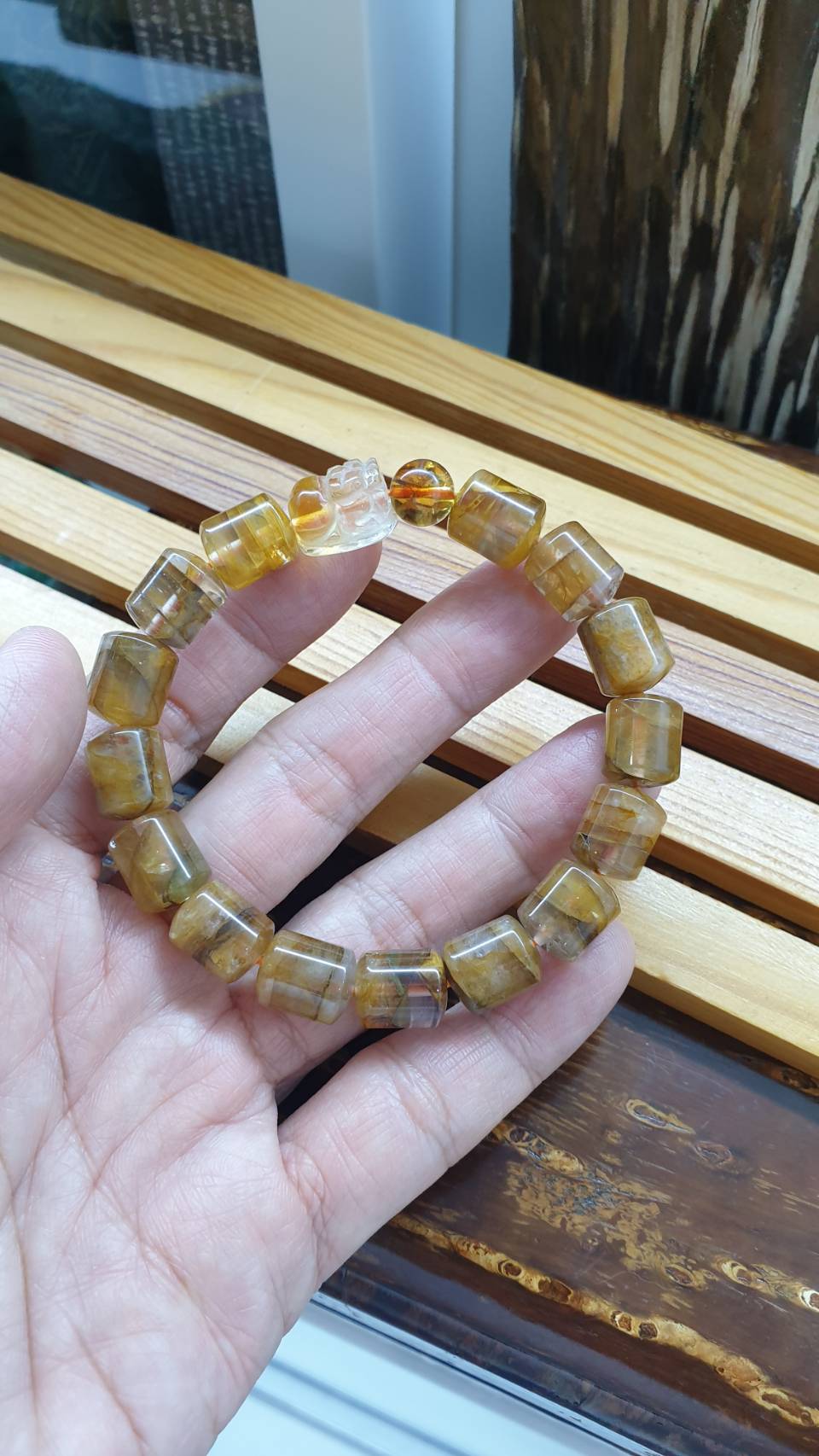 Citrine Wealth Bracelet 17 cm - Natural Gemstone Pixiu, Cylinder Beads