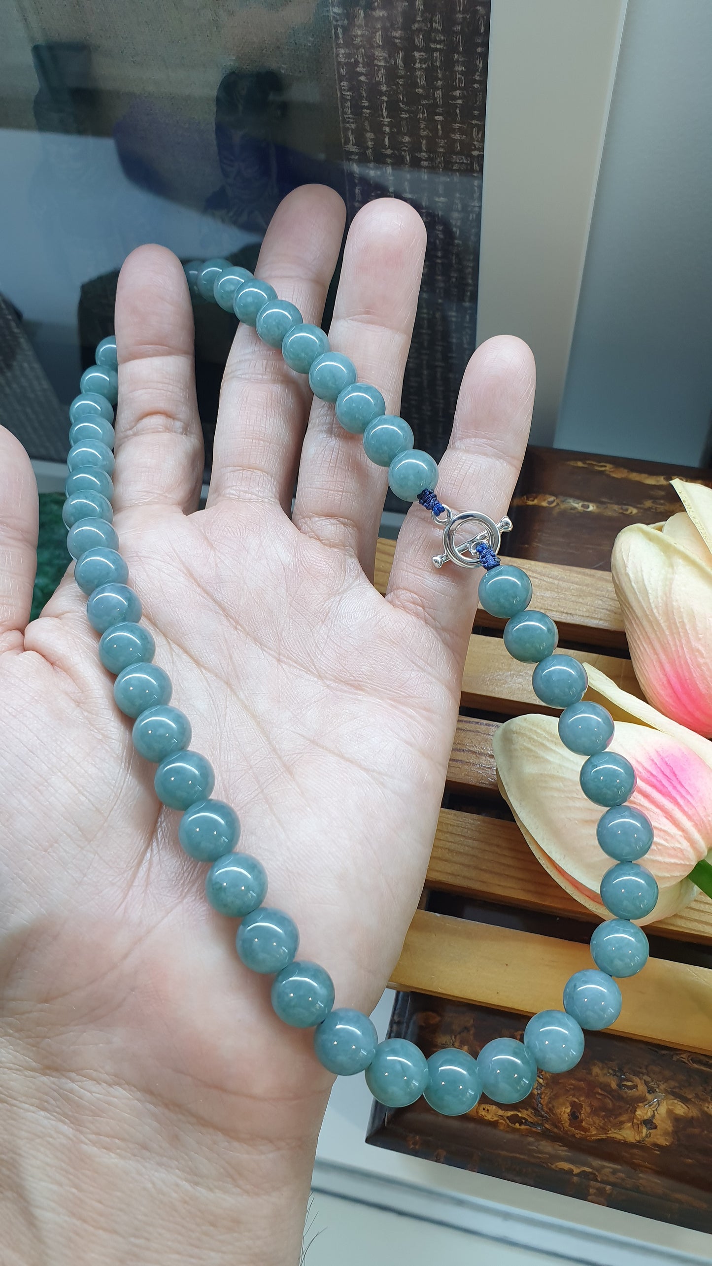 Blue Jade Beaded Choker 16inch 9K White Gold Type A Natural Jadeite