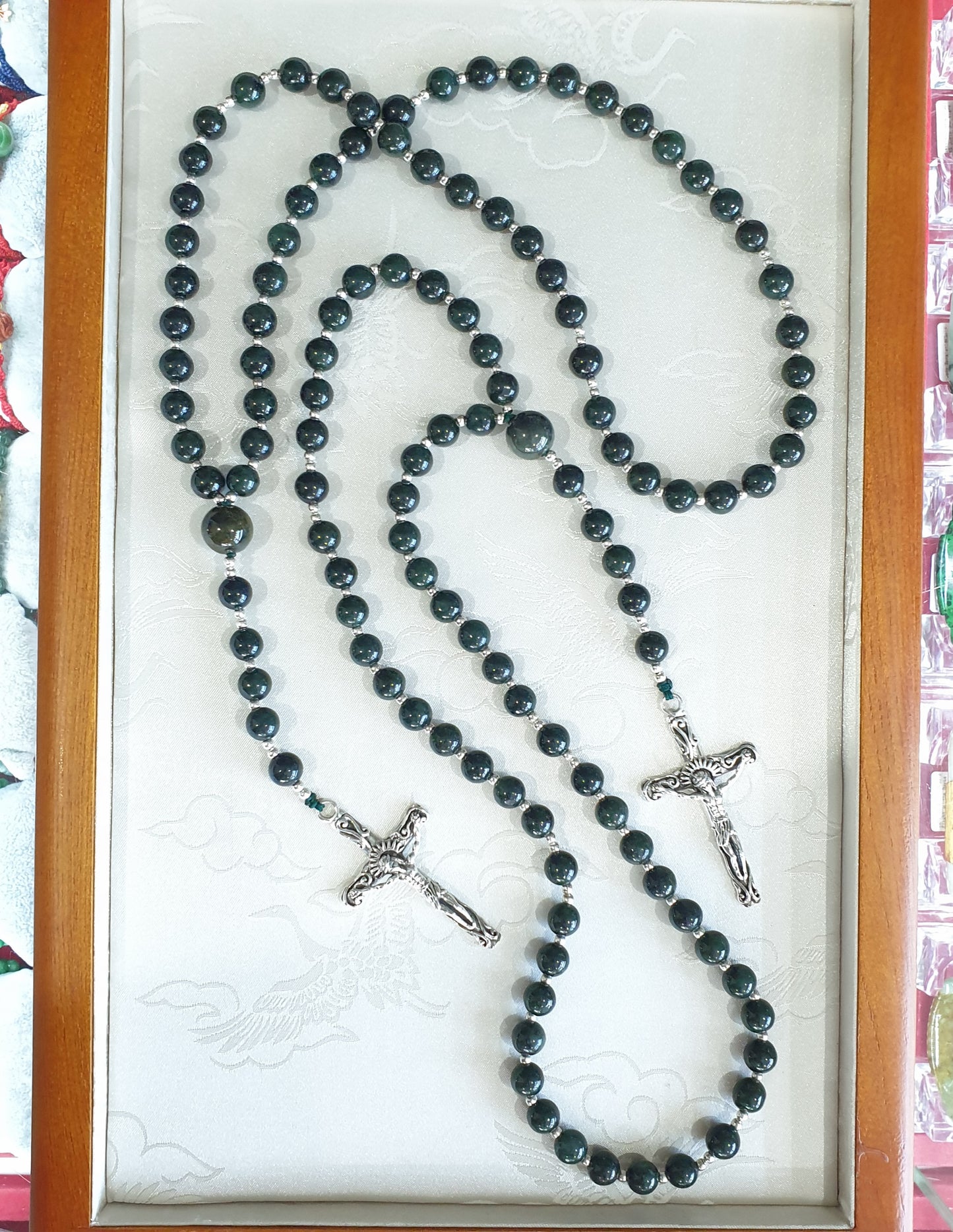 Jade Rosary Necklace 30inch - Black-Green Beads, Type A Natural Jadeite