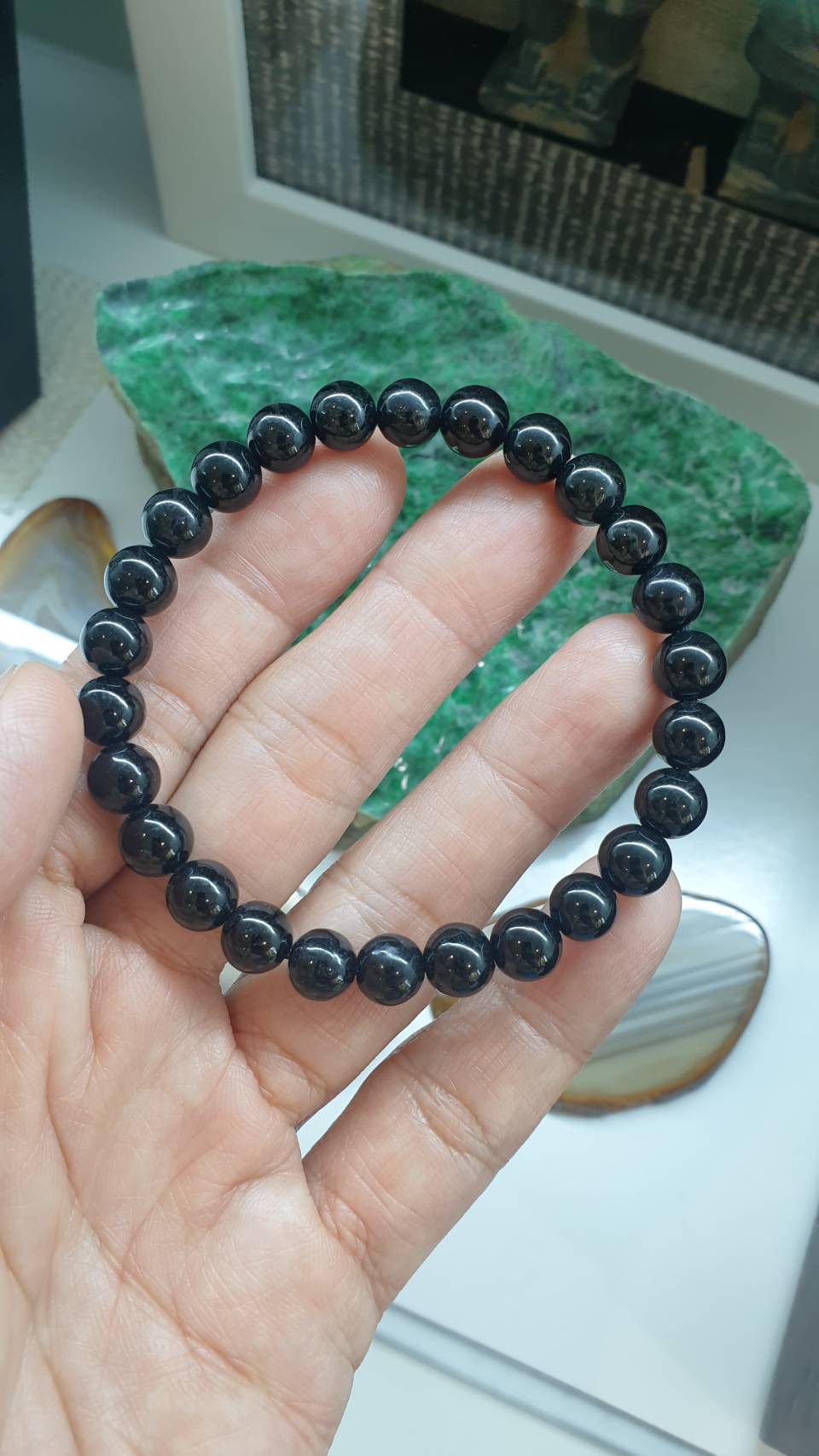 Type A Natural Black Jadeite 17cm Bracelet with 13.5mm Beads