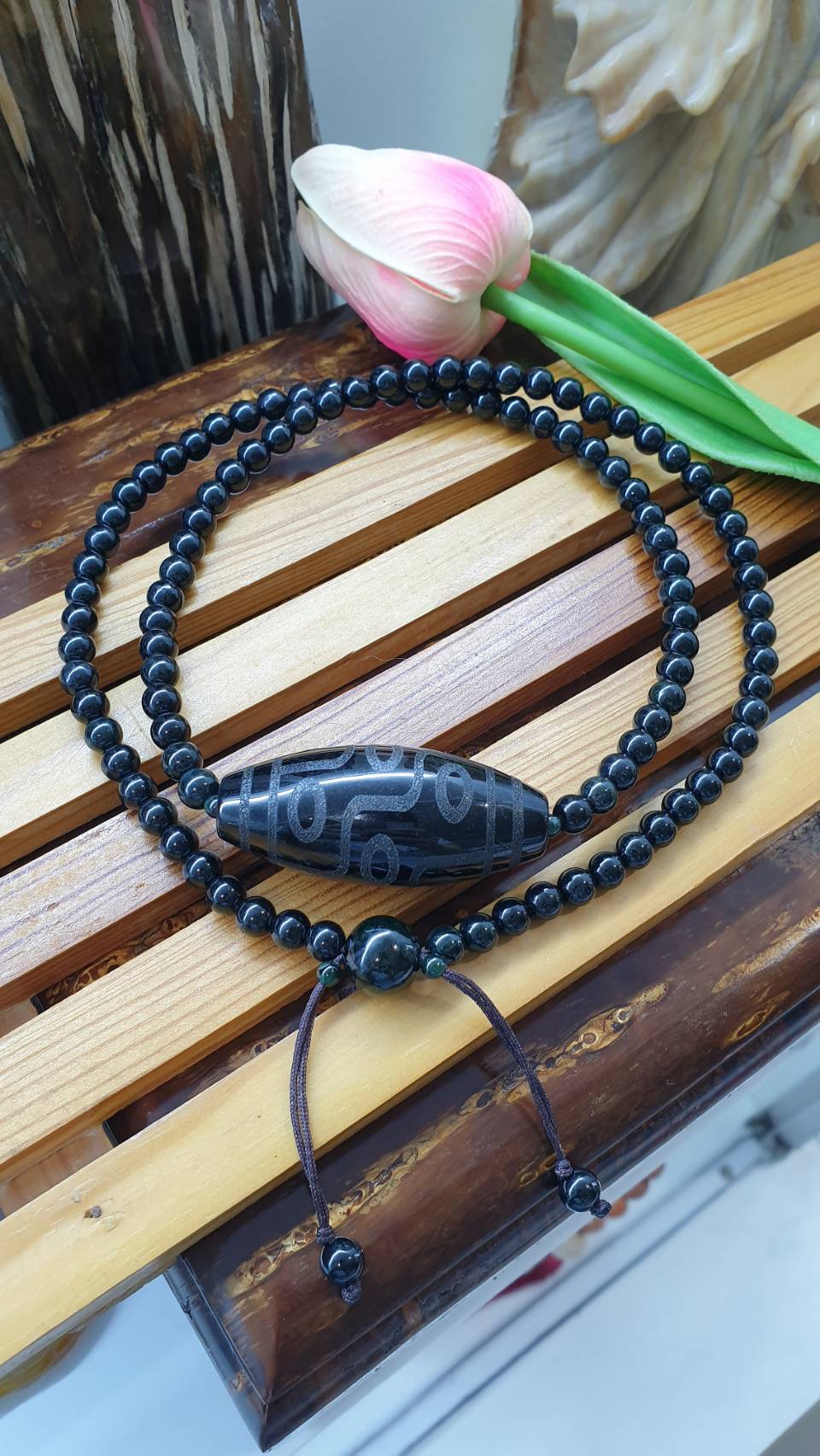 Black Jade Dzi Necklace 26 inch Type A Natural Myanmar Jadeite