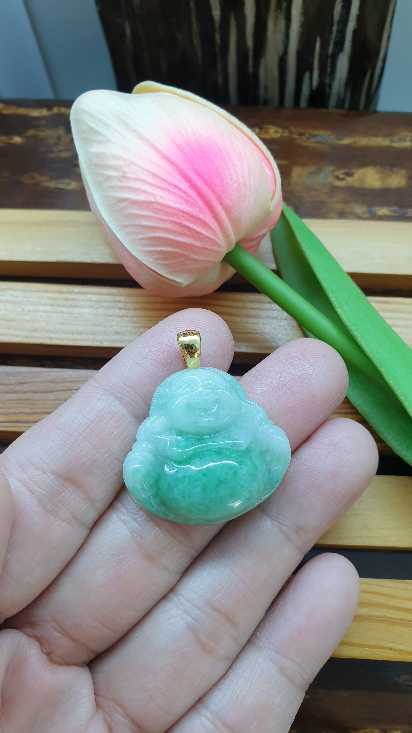 Jade Happy Buddha Pendants 9K Gold Fei Cui Type A Myanmar Jadeite