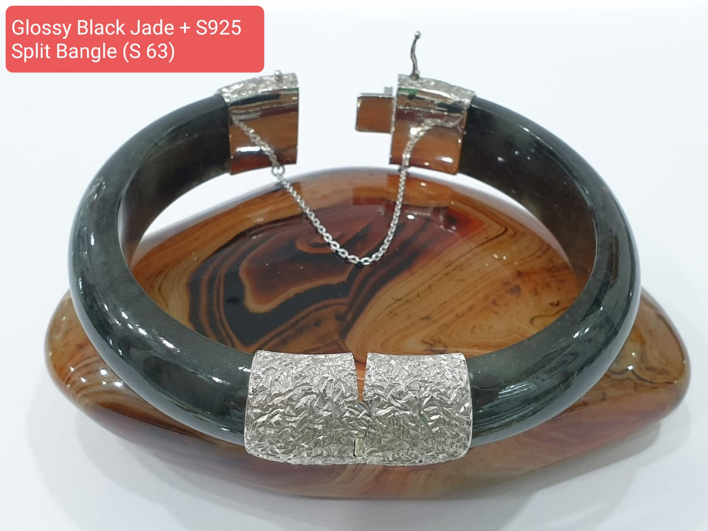 Black Jade Split Bangle (S 63) | Sterling Silver | Authentic Fei Cui Jade | Elegant Wrist Accessory for Him or Her