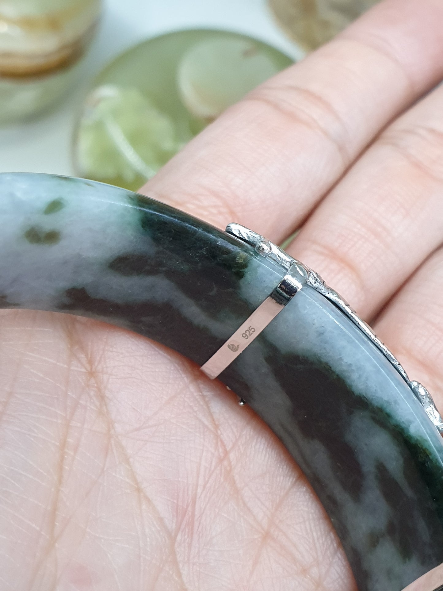 Fortune Dragon Jade Bangle (S 59) | Sterling Silver | Type A Natural Jadeite | Statement Wrist Accessory