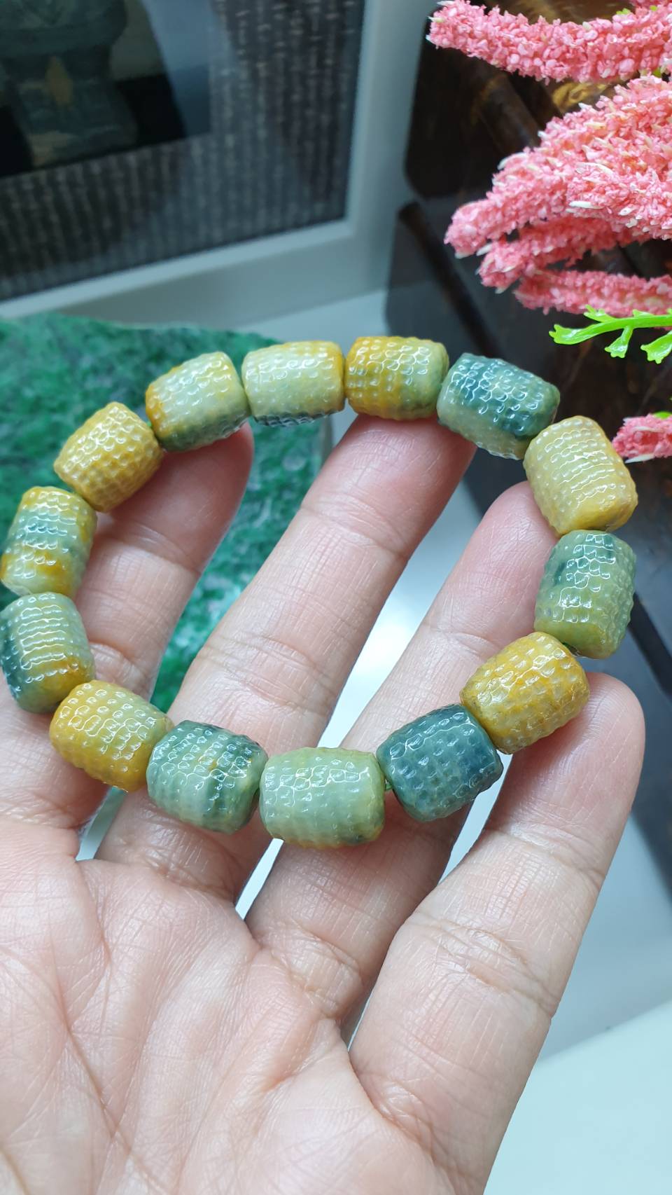Honey Blue Jade Bracelet 17cm Type A Myanmar Jadeite Two Toned Barrel Beads