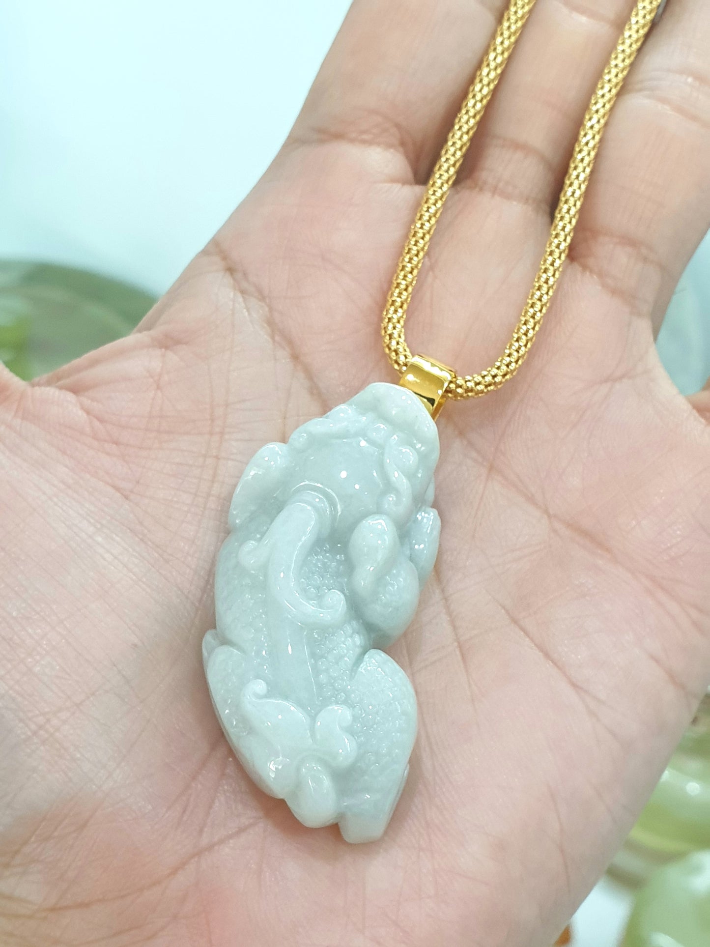 🐉White Jade Pixiu Pendant | Solid 9K Gold | Type A Natural Jadeite