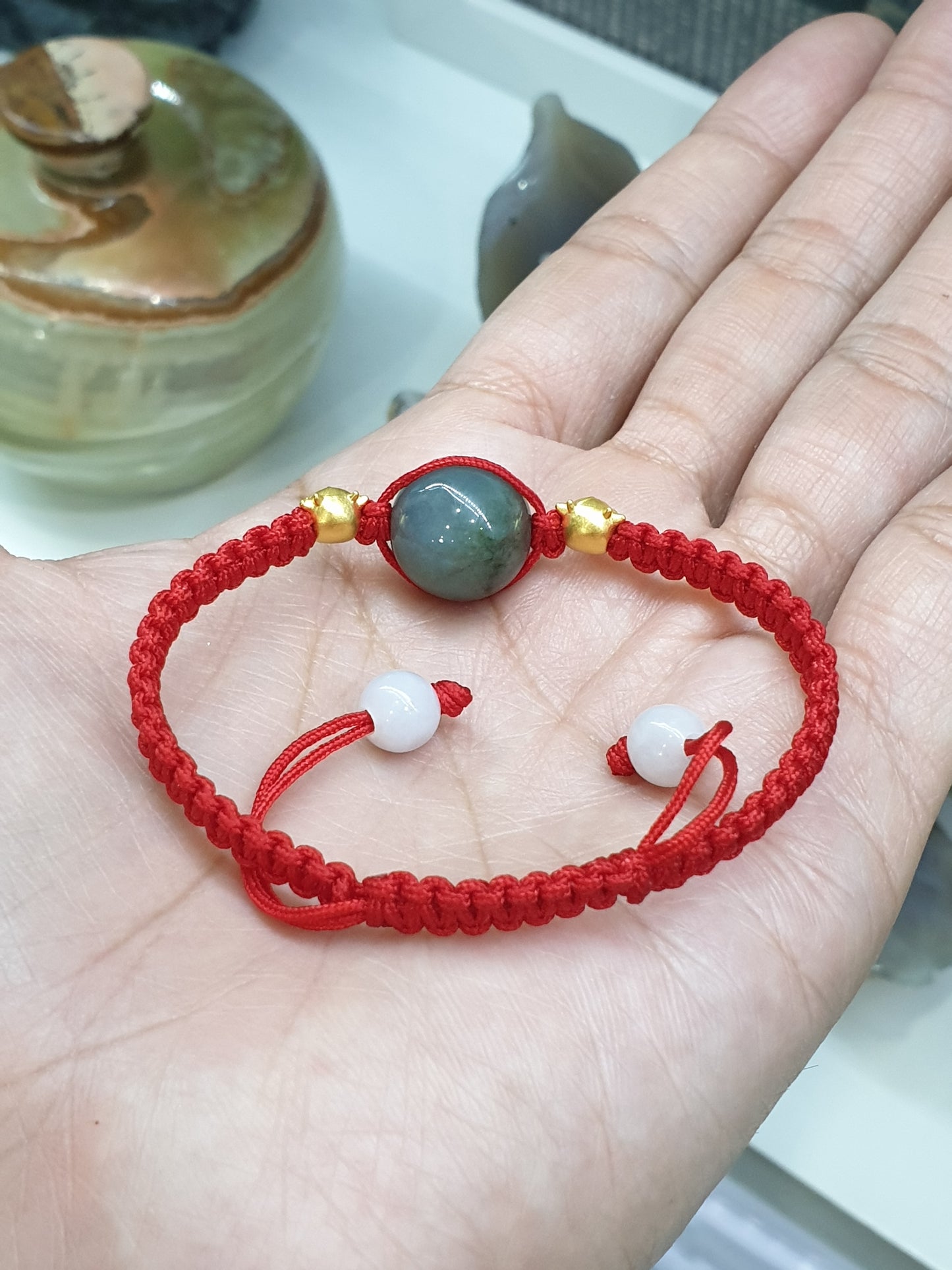 24K Pure Gold Lucky Charm and Jade Red Thread Bracelet with Type A Natural Jadeite