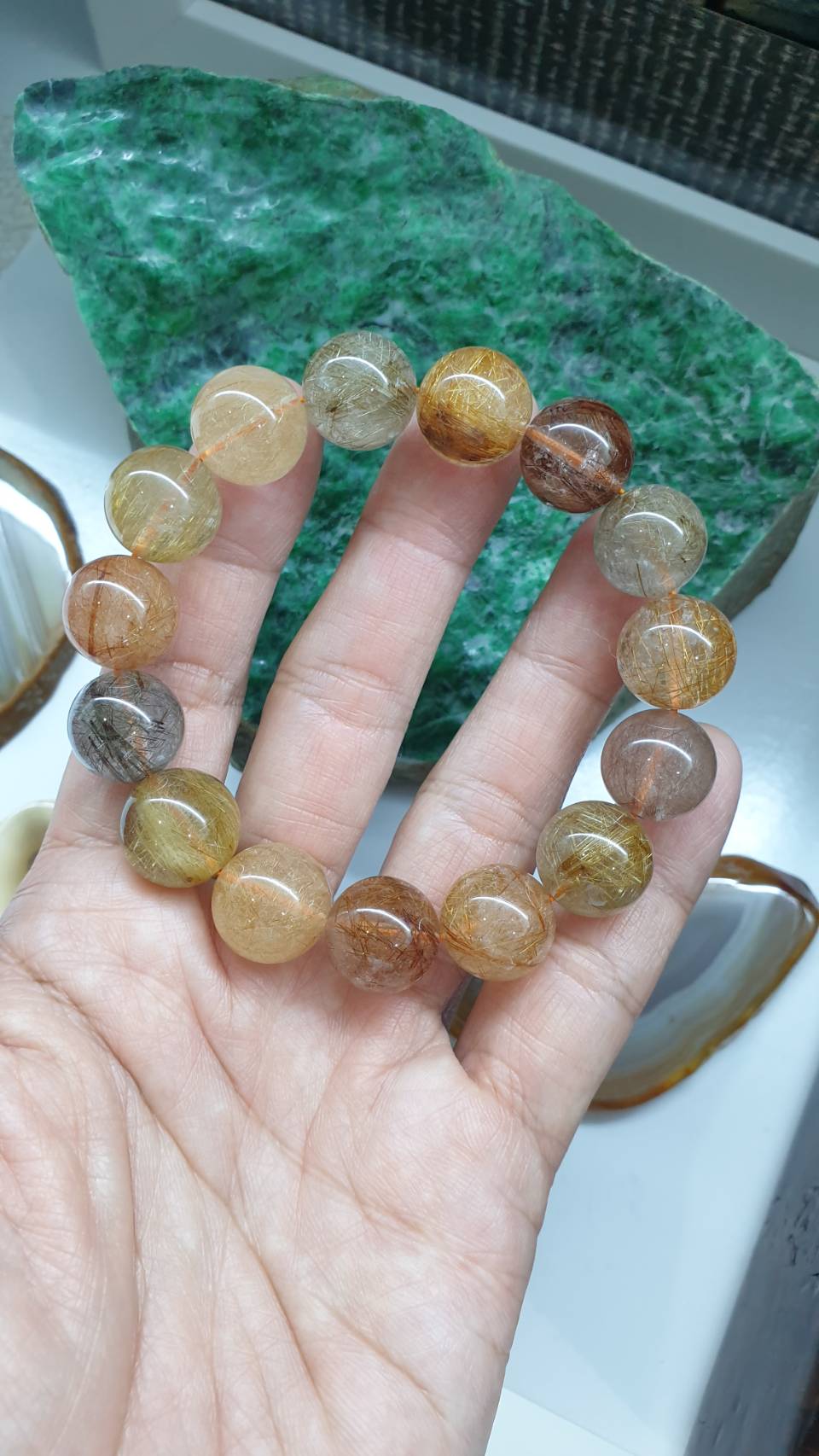 Multicolor Rutilated Quartz Bracelet 18 cm, Natural Quartz Beads 14.5 mm