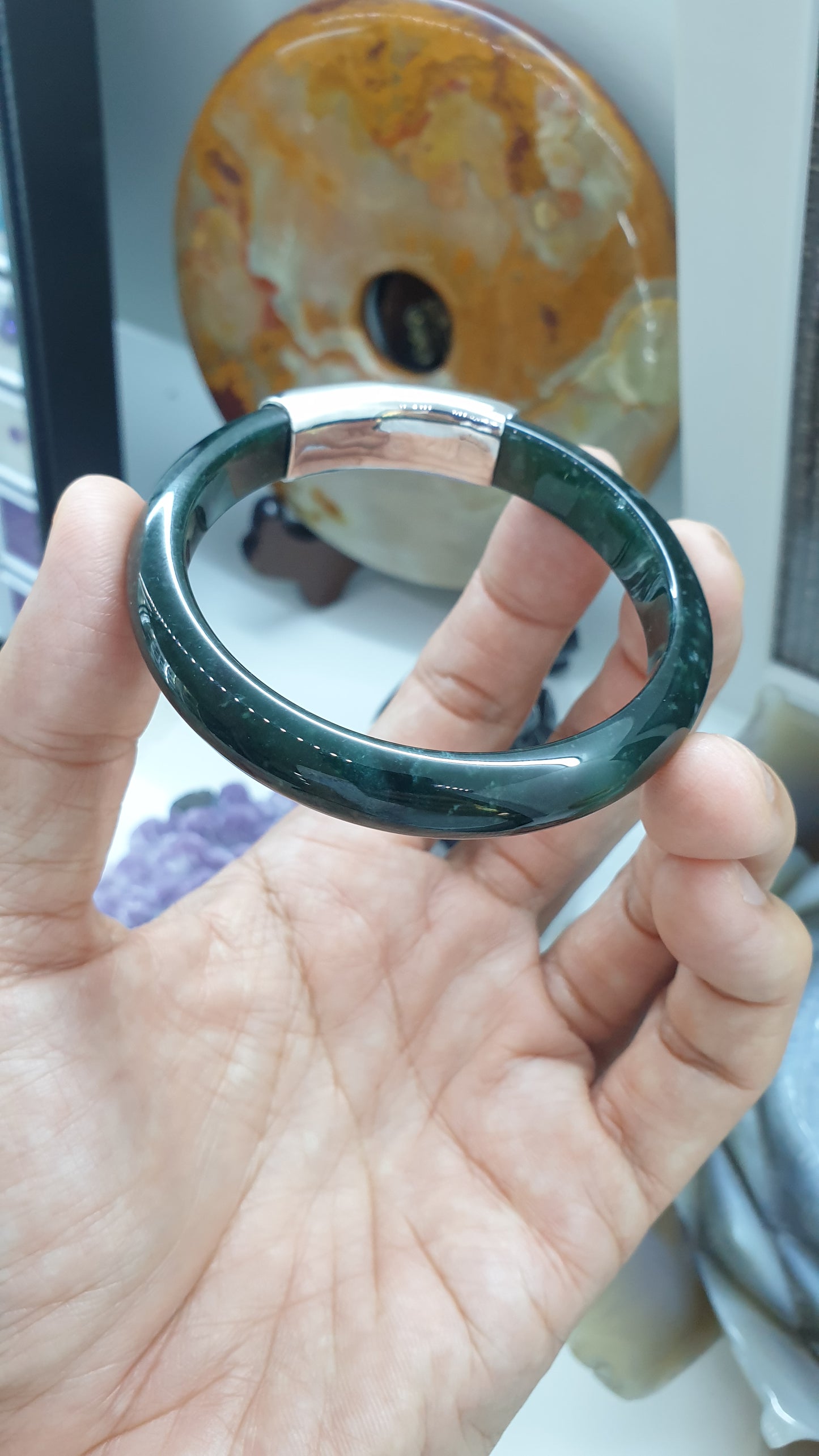 Trèfles Chanceux on Blue Jade Bangle (S 58) | Solid 9K Gold, Fei Cui Original Jadeite | Elegant Fortune Charm Wrist Candy