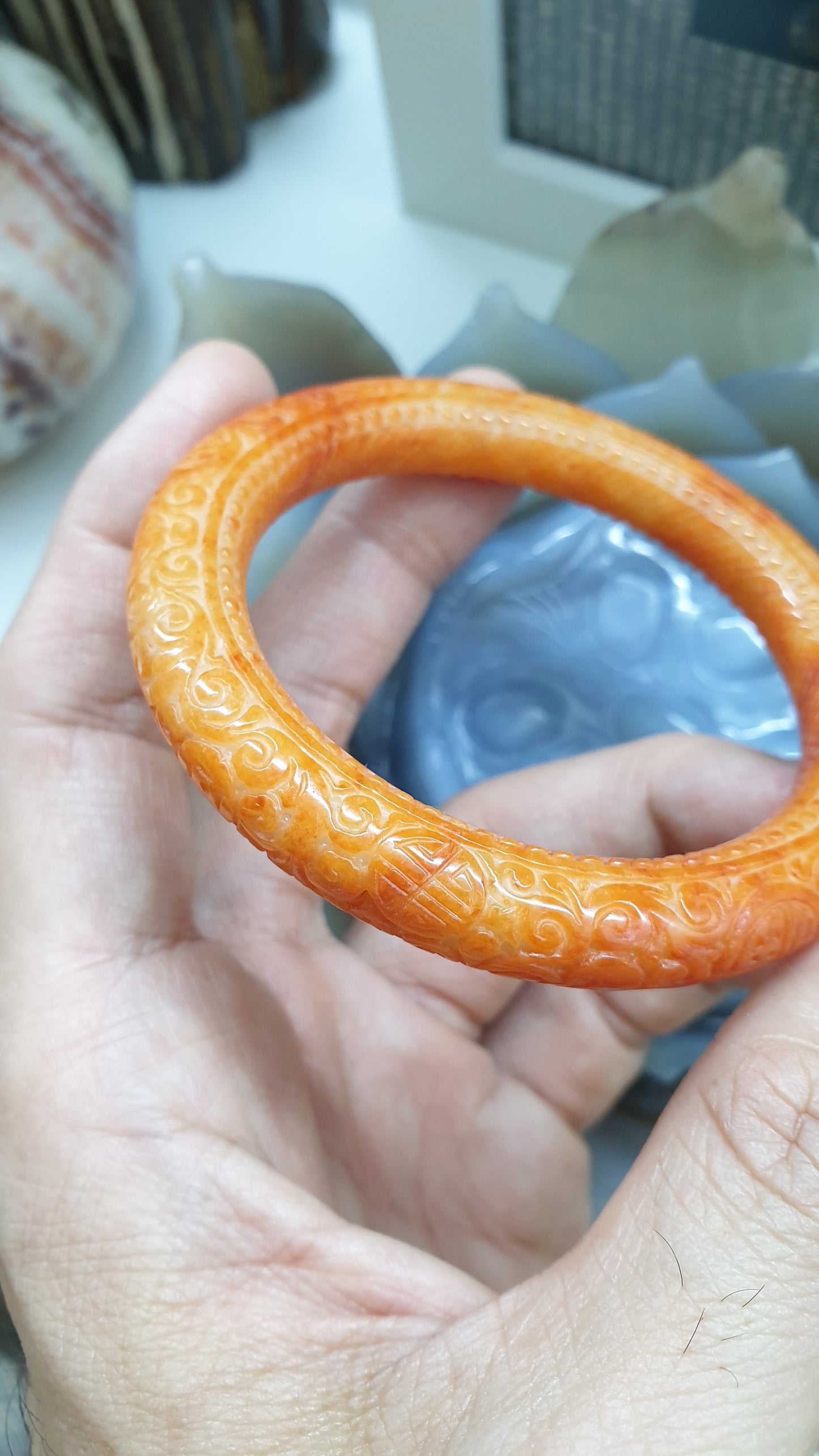 Orange Jade Ru Yi Bangle, Cylindrical S57.5 Authentic Natural Jadeite