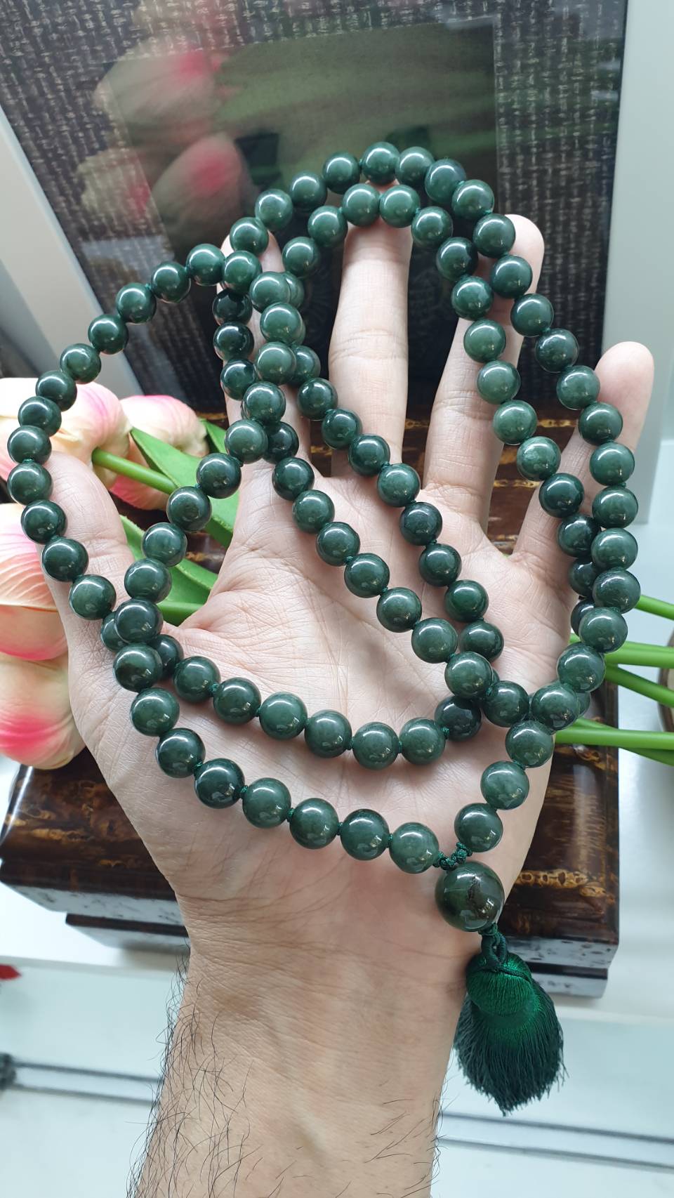 108 Jade Beads Japa Mala Fei Cui Type A Myanmar Jadeite Natural Leaf Green
