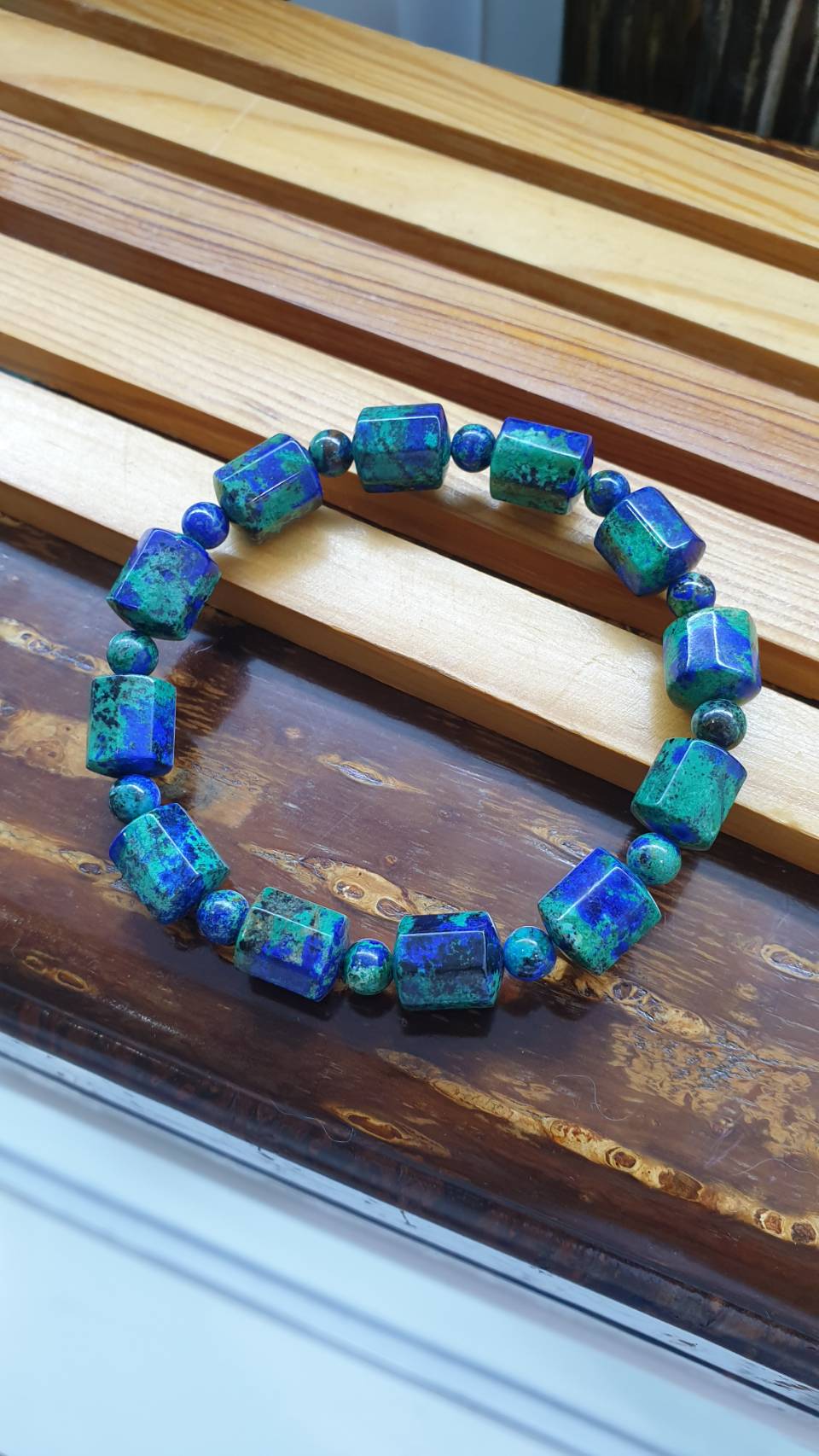 Azurite-Malachite Stylish Bracelet 17 cm, Authentic Stone Cylinder Beads 10 mm