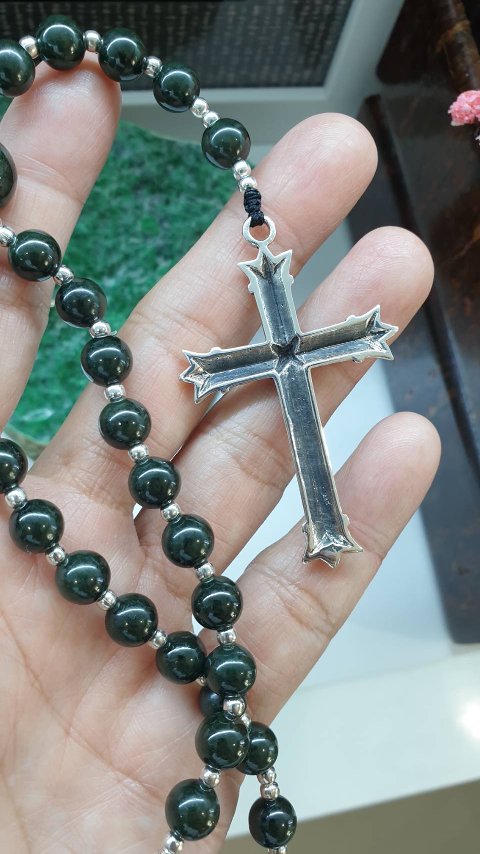 Black Green Jade Rosary 27.5in Type A Natural Myanmar Jadeite Sterling Silver Cross