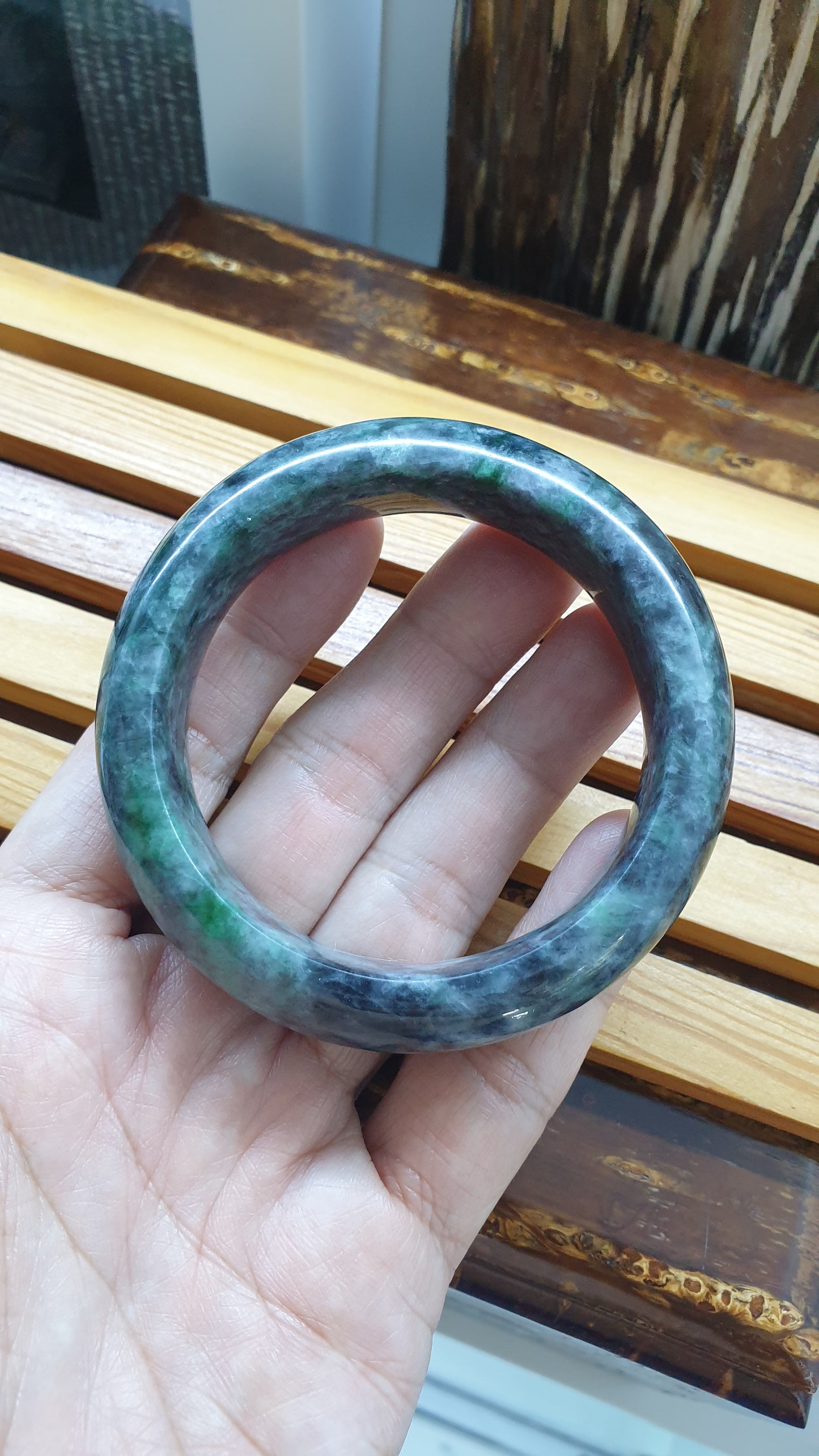 Natural Black Green Jadeite Bangle S57 Fei Cui Type A Myanmar Jade