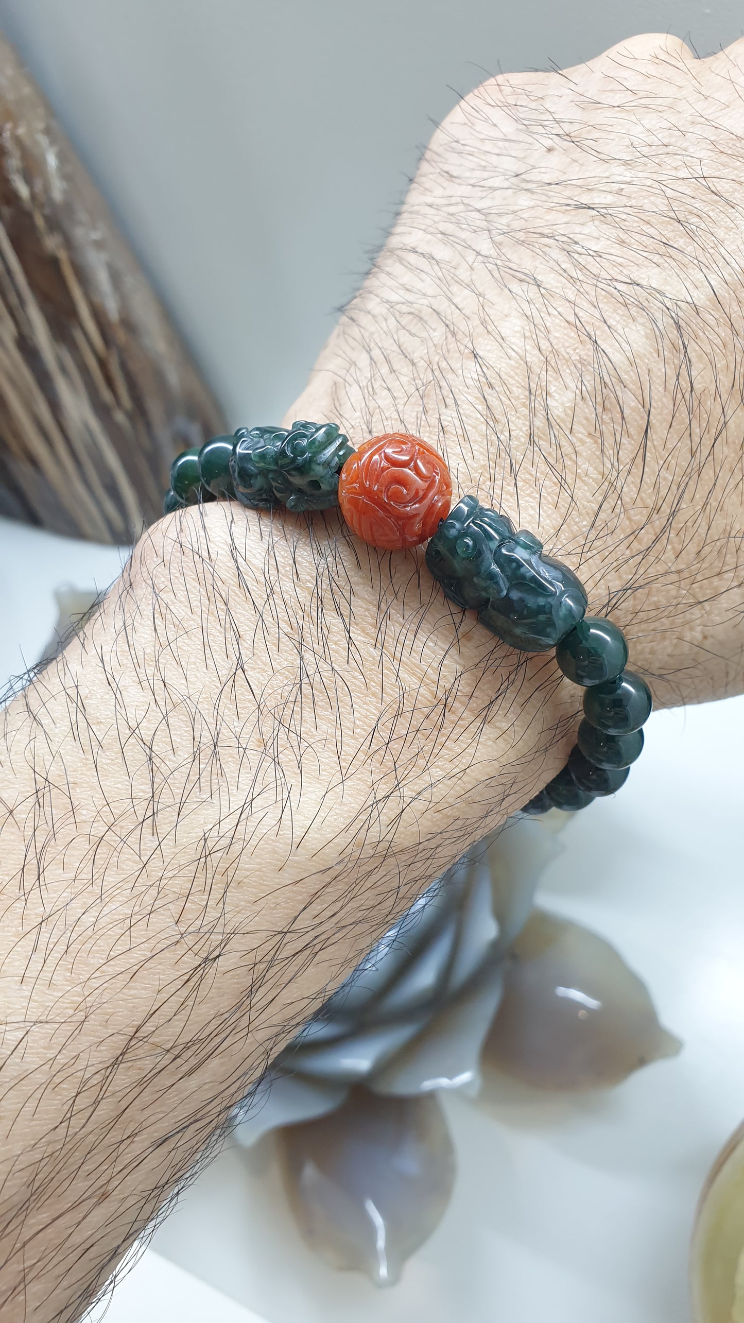 Type A Natural Blue Jadeite Pixiu Bracelet 17cm with Red Jade Ru Yi Bead